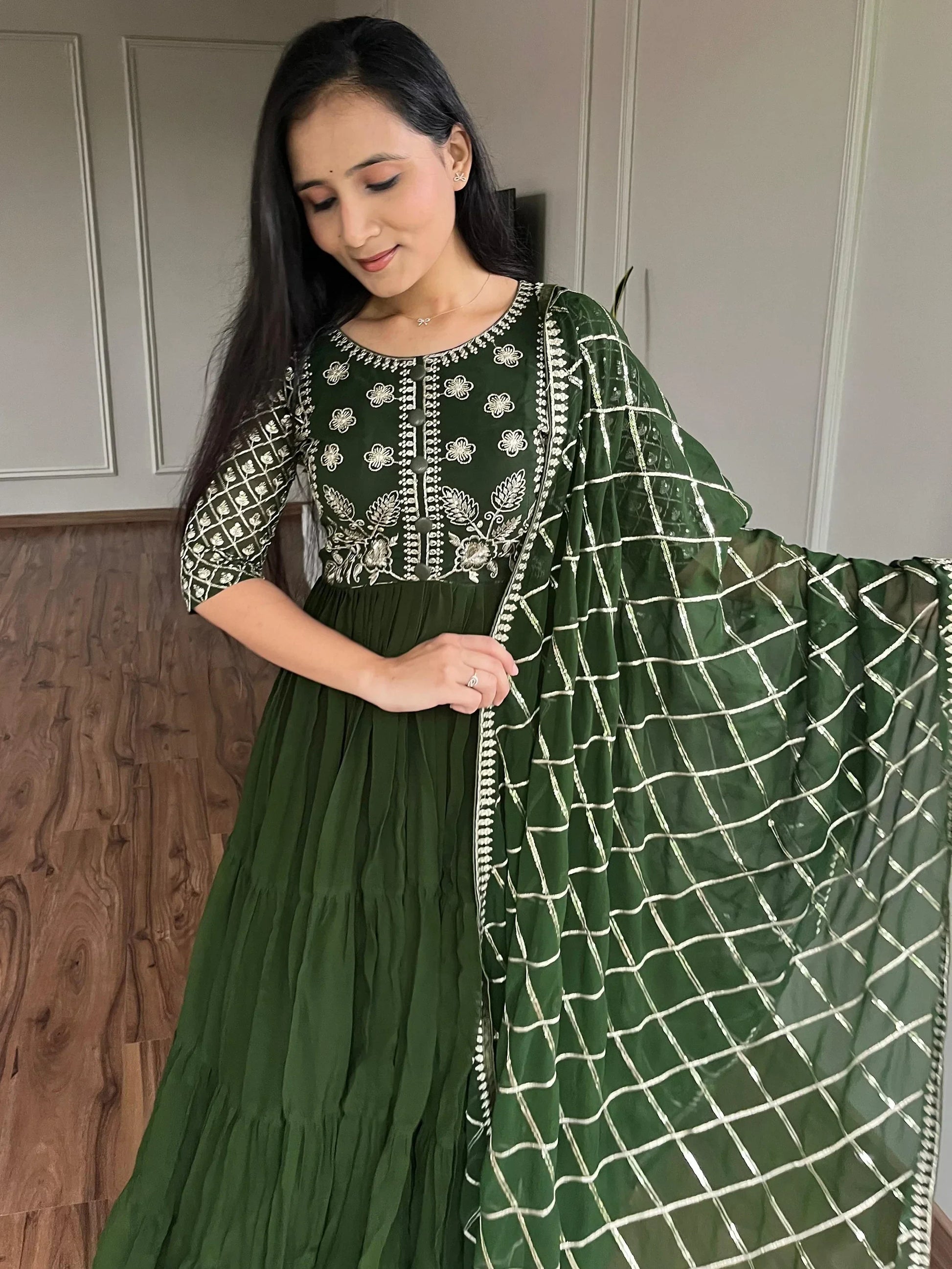 Awesome Green Embroidered Georgette Gown With Dupatta - Zeel Clothing