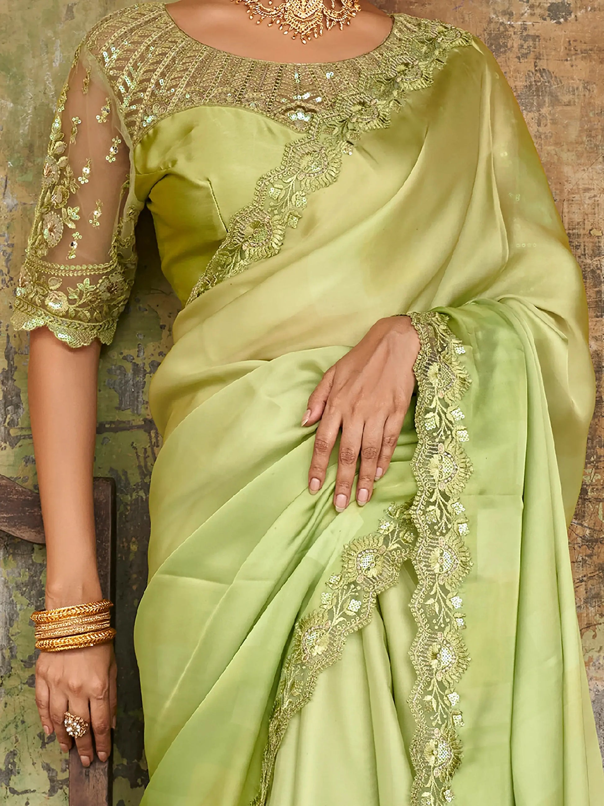 Awesome Green Embroidered Satin Festival Wear Saree With Blouse - Zeel Clothing
