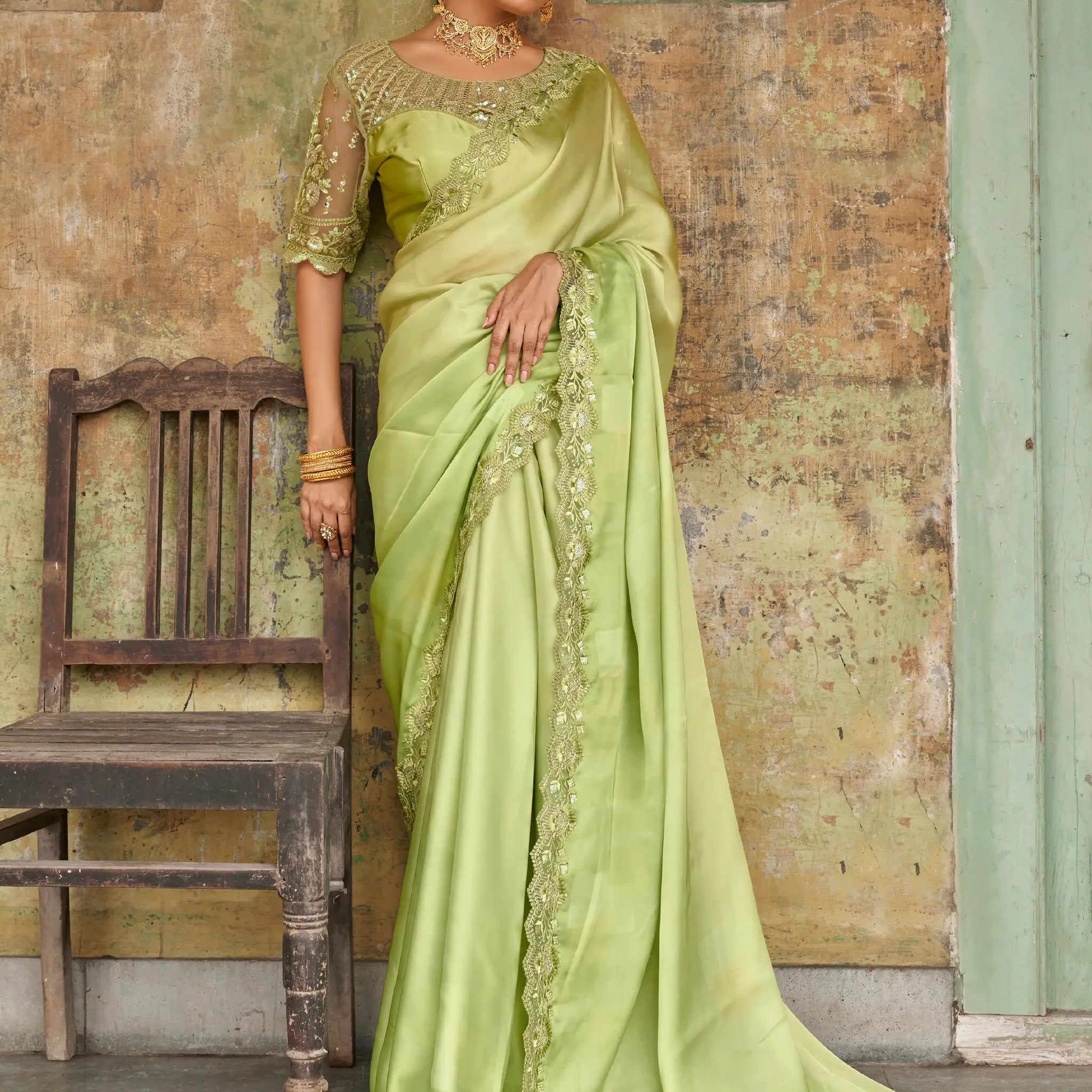 Awesome Green Embroidered Satin Festival Wear Saree With Blouse - Zeel Clothing