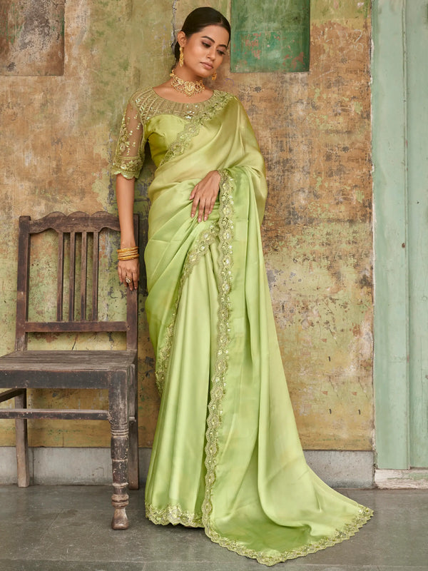 Awesome Green Embroidered Satin Festival Wear Saree With Blouse - Zeel Clothing