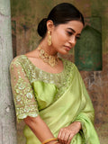 Awesome Green Embroidered Satin Festival Wear Saree With Blouse - Zeel Clothing
