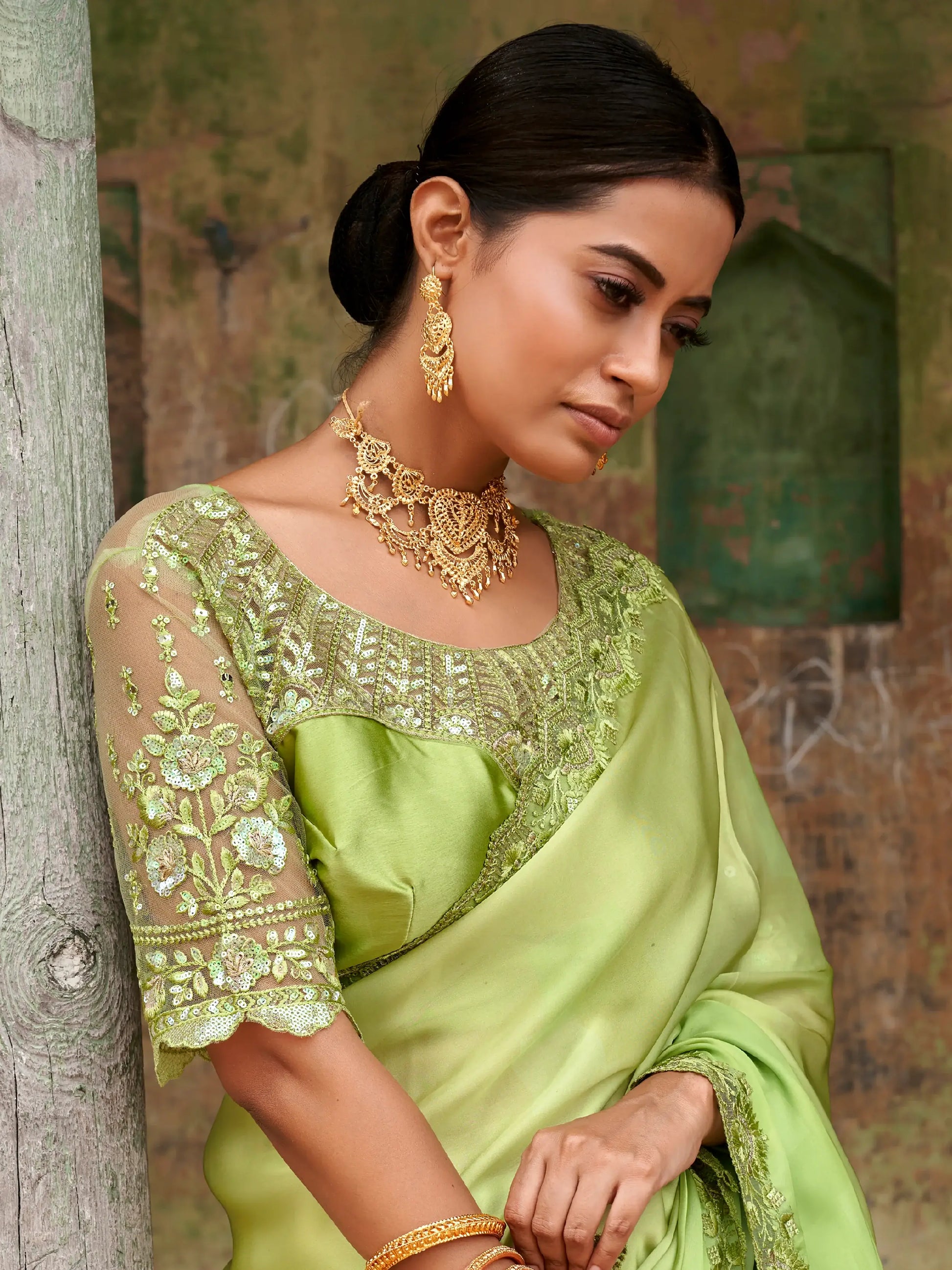 Awesome Green Embroidered Satin Festival Wear Saree With Blouse - Zeel Clothing