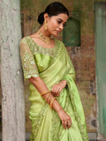 Awesome Green Embroidered Satin Festival Wear Saree With Blouse - Zeel Clothing