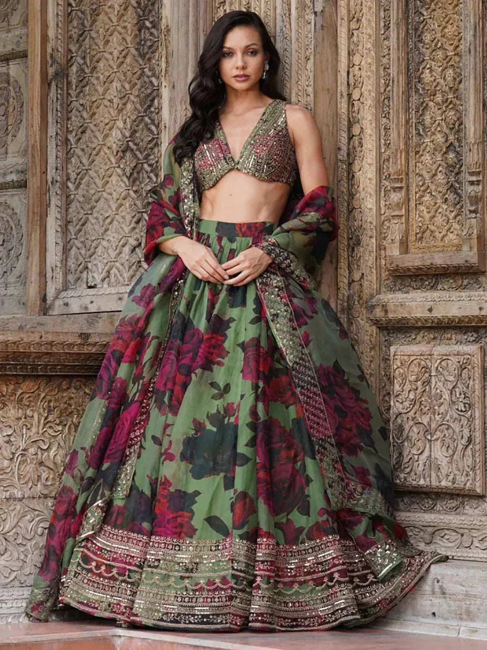 Awesome Green Floral Printed Organza Bridesmaid Lehenga Choli With Dupatta