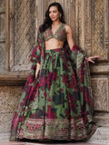 Awesome Green Floral Printed Organza Bridesmaid Lehenga Choli With Dupatta