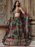 Awesome Green Floral Printed Organza Bridesmaid Lehenga Choli With Dupatta