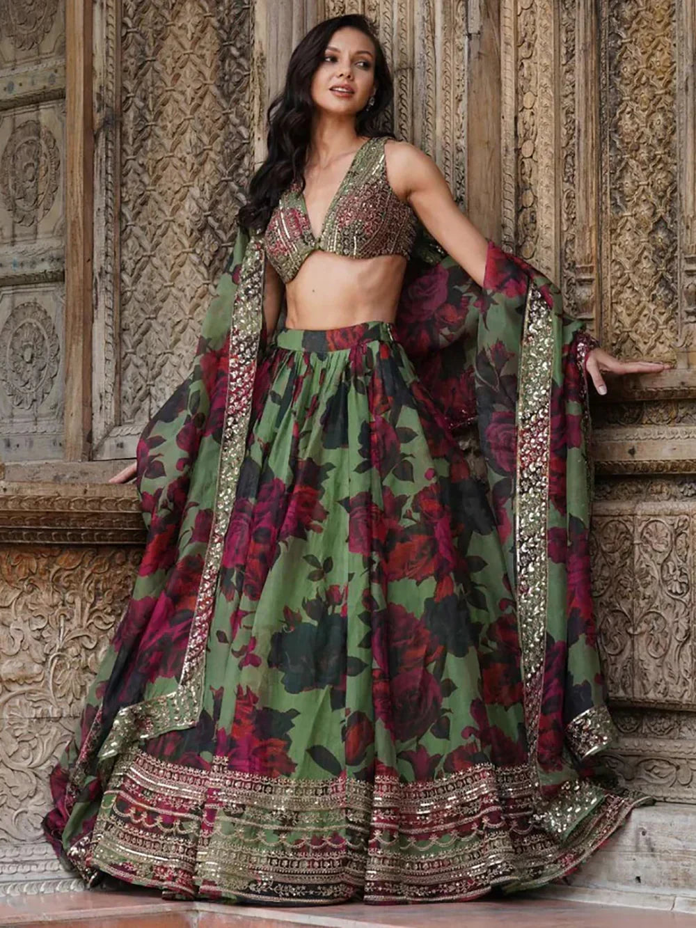 Awesome Green Floral Printed Organza Bridesmaid Lehenga Choli With Dupatta