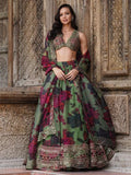 Awesome Green Floral Printed Organza Bridesmaid Lehenga Choli With Dupatta