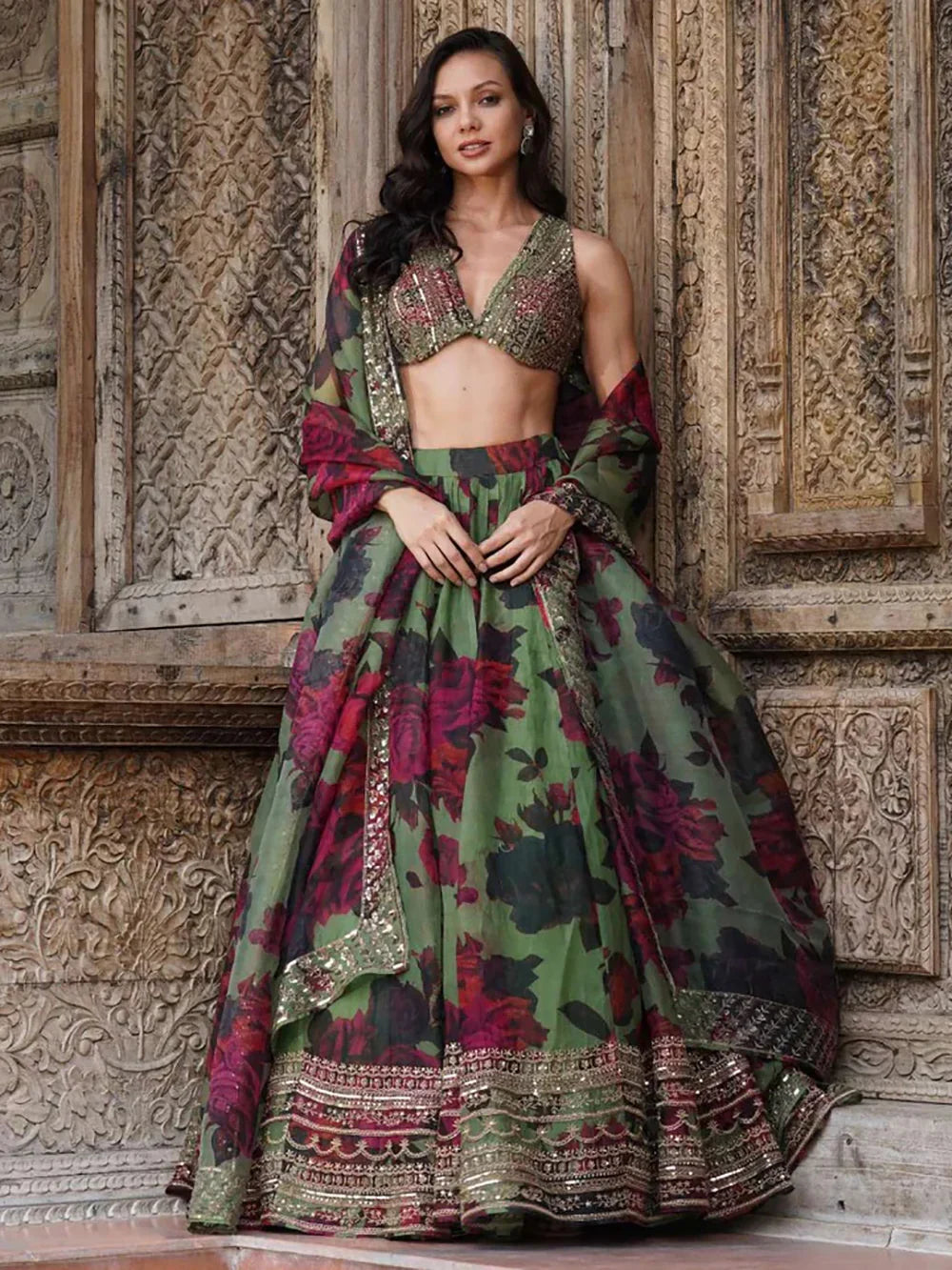 Awesome Green Floral Printed Organza Bridesmaid Lehenga Choli With Dupatta