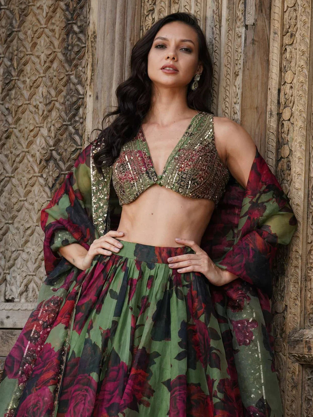 Awesome Green Floral Printed Organza Bridesmaid Lehenga Choli With Dupatta