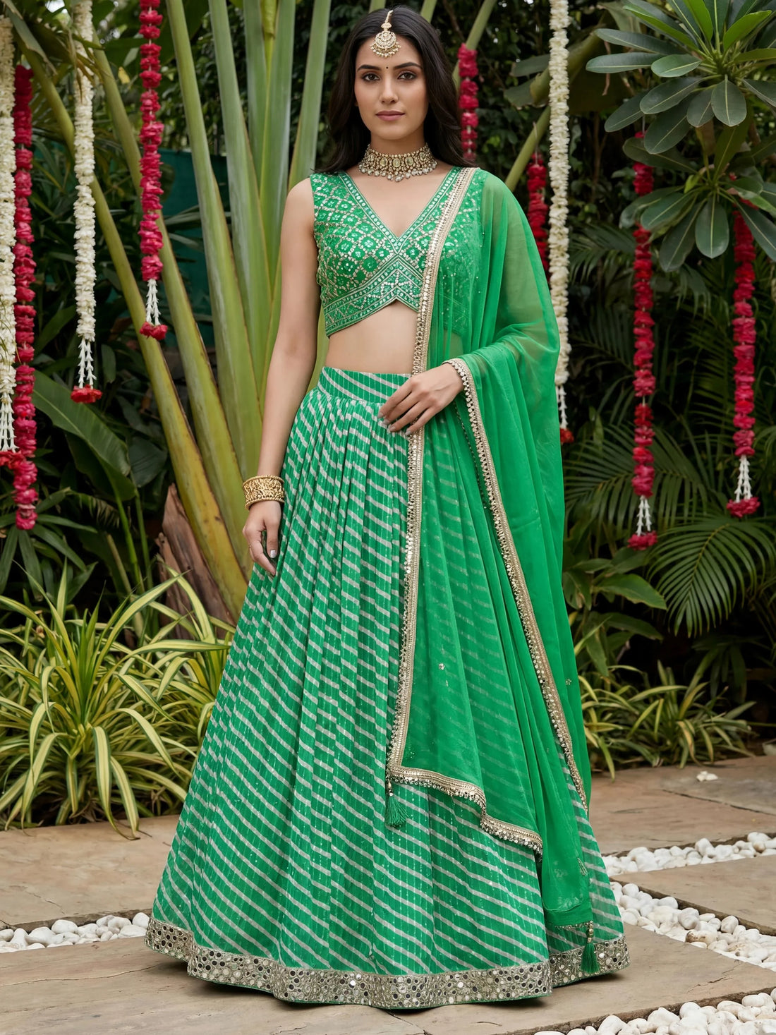 Awesome Green Leheriya Printed Organza Mehendi Wear Lehenga Choli