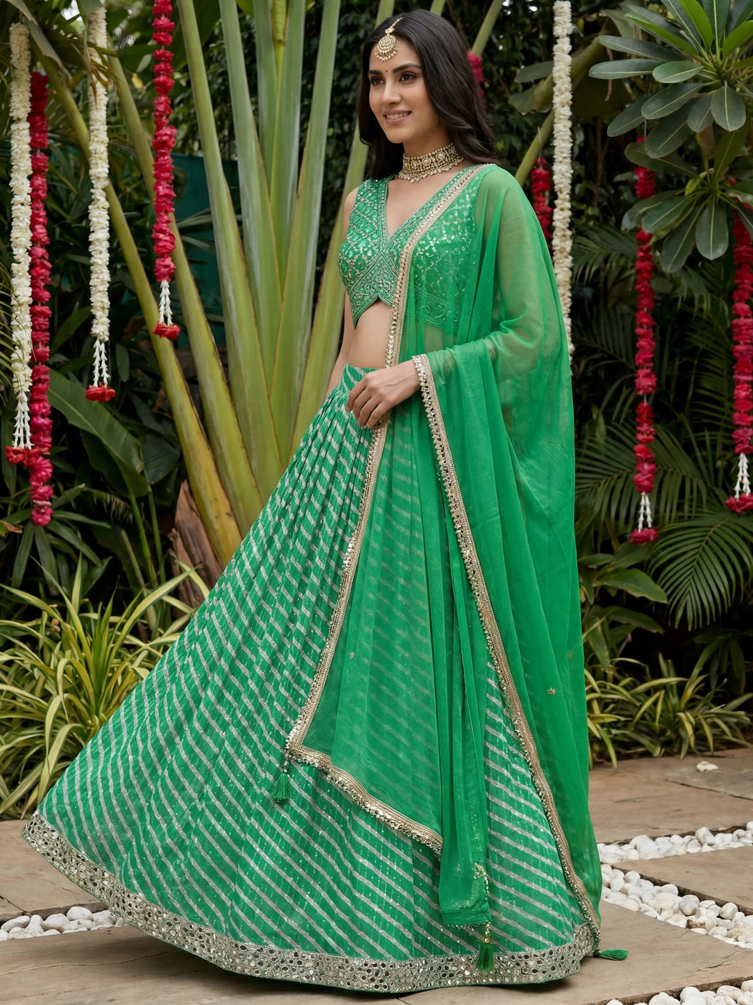 Awesome Green Leheriya Printed Organza Mehendi Wear Lehenga Choli