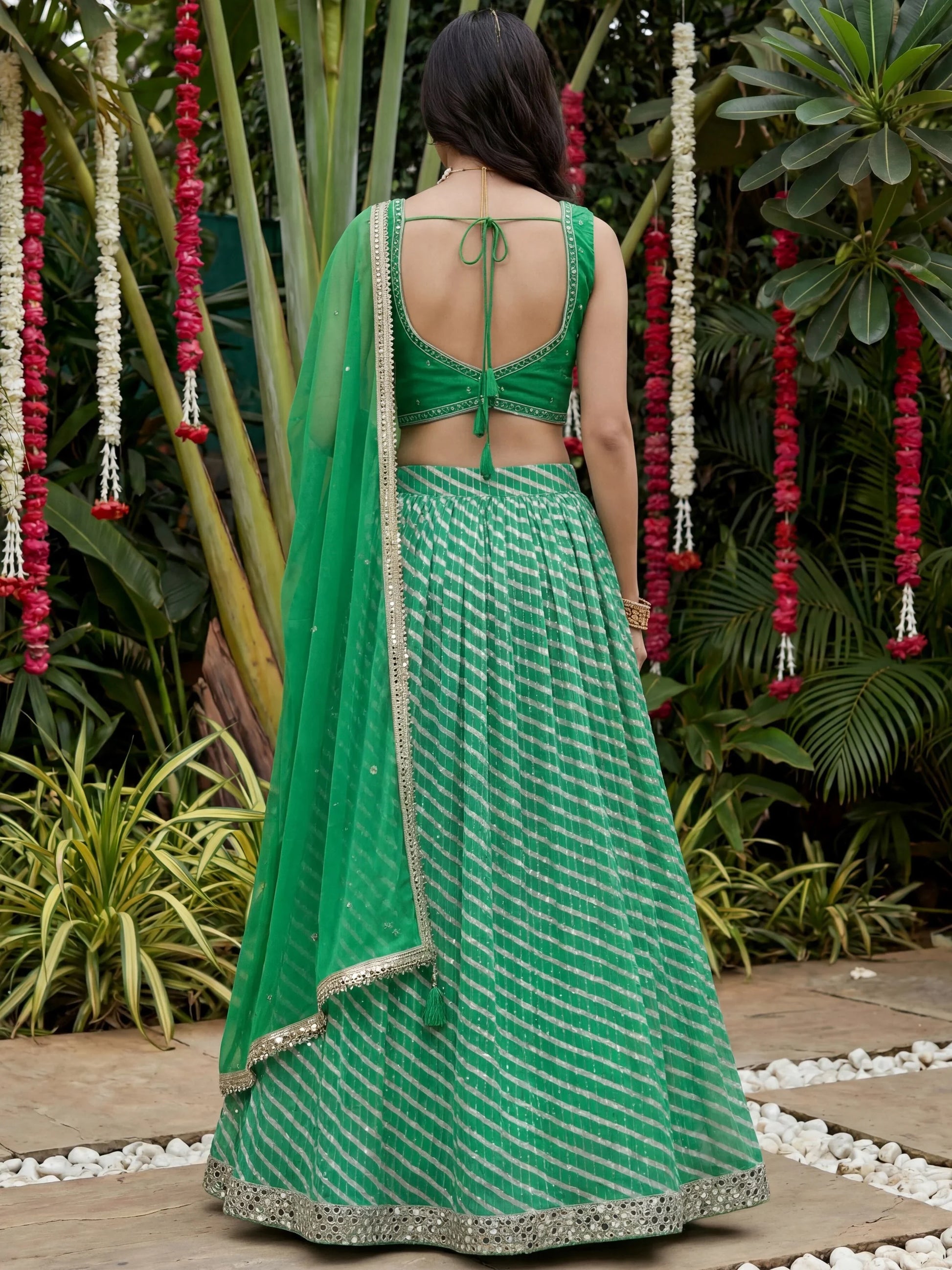 Awesome Green Leheriya Printed Organza Mehendi Wear Lehenga Choli