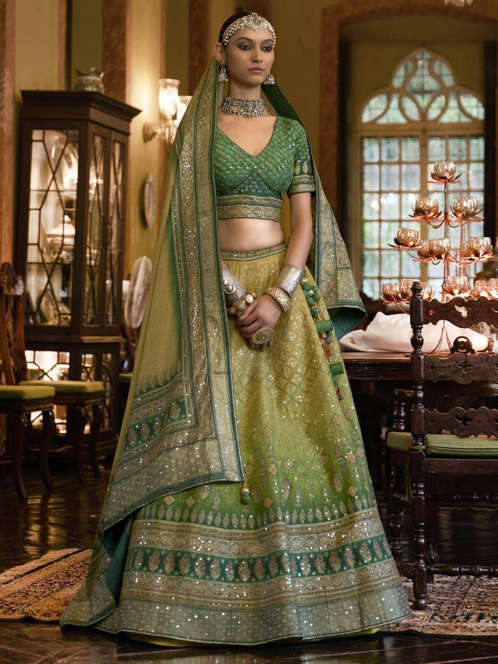 Awesome Green Mirror Work Rajwadi Silk Reception Wear Lehenga Choli