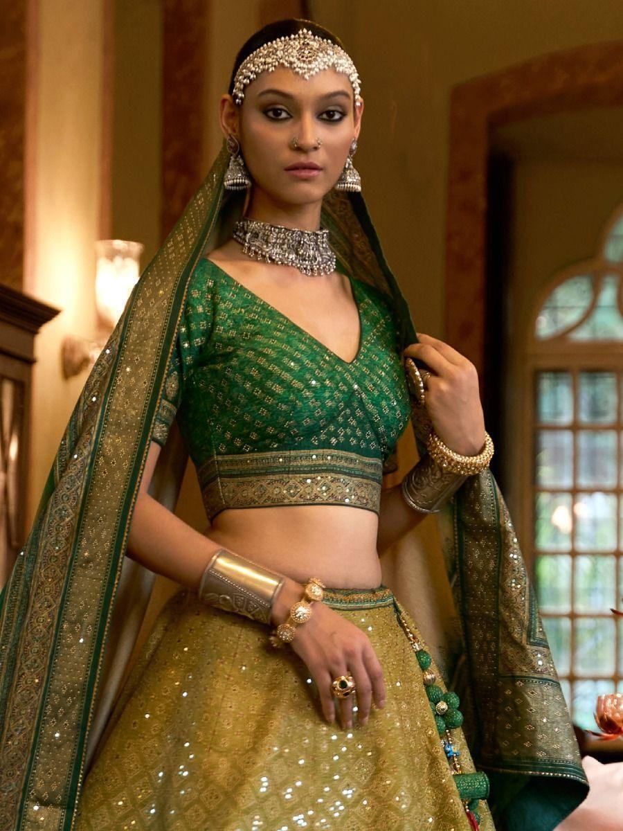 Awesome Green Mirror Work Rajwadi Silk Reception Wear Lehenga Choli
