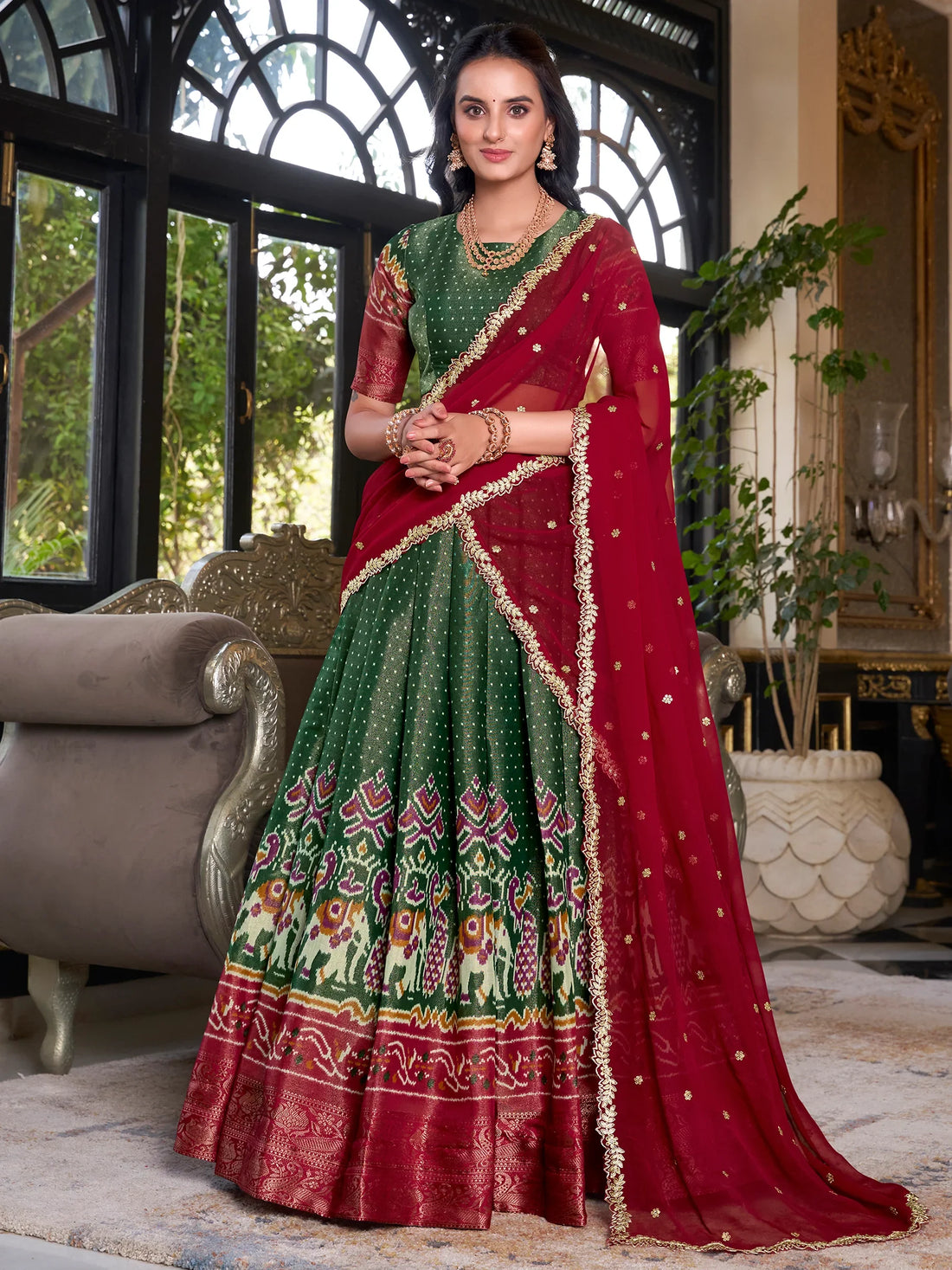 Awesome Green Patola Printed Kanchipuram Wedding Lehenga Choli - Zeel Clothing