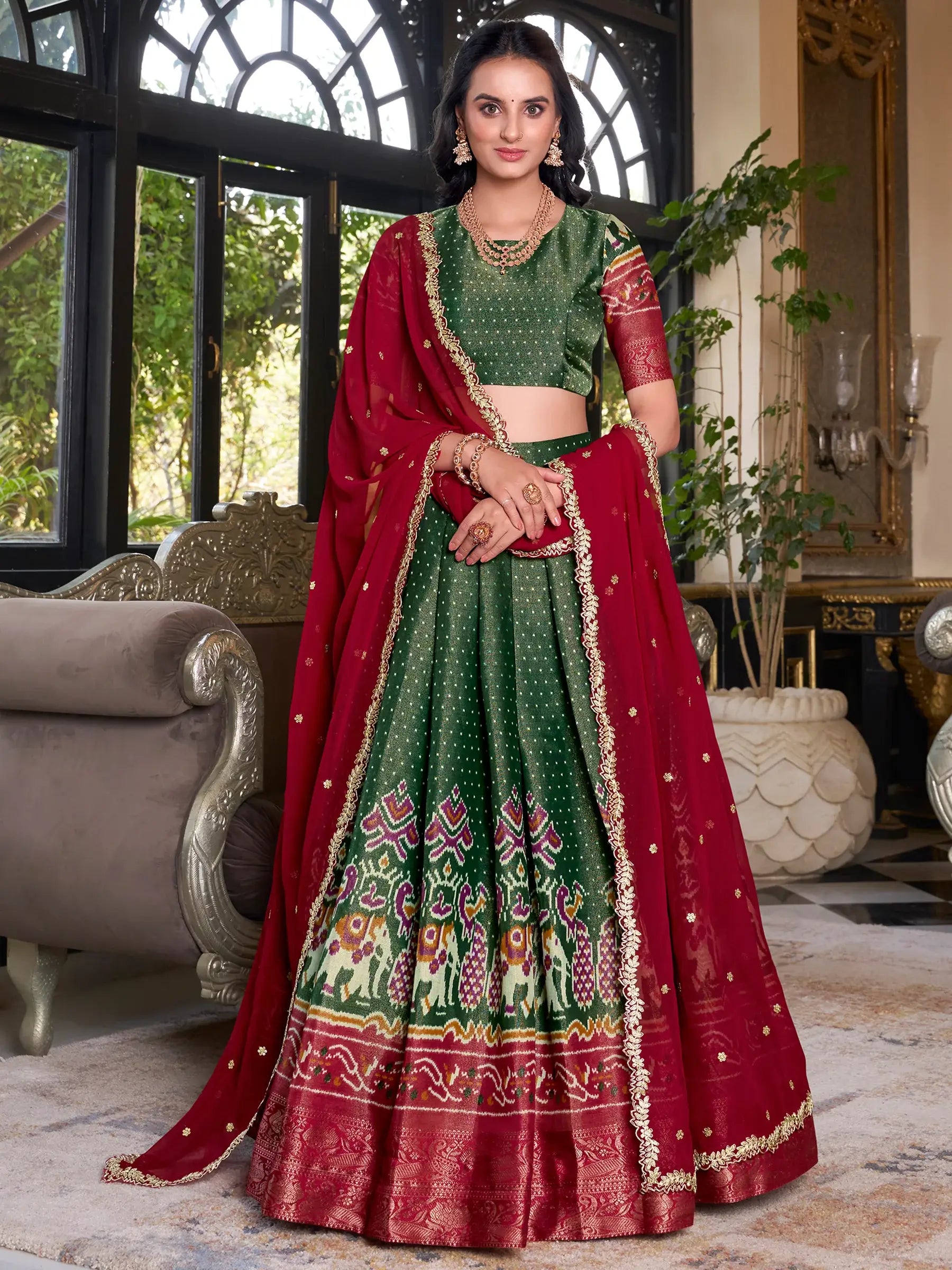 Awesome Green Patola Printed Kanchipuram Wedding Lehenga Choli - Zeel Clothing