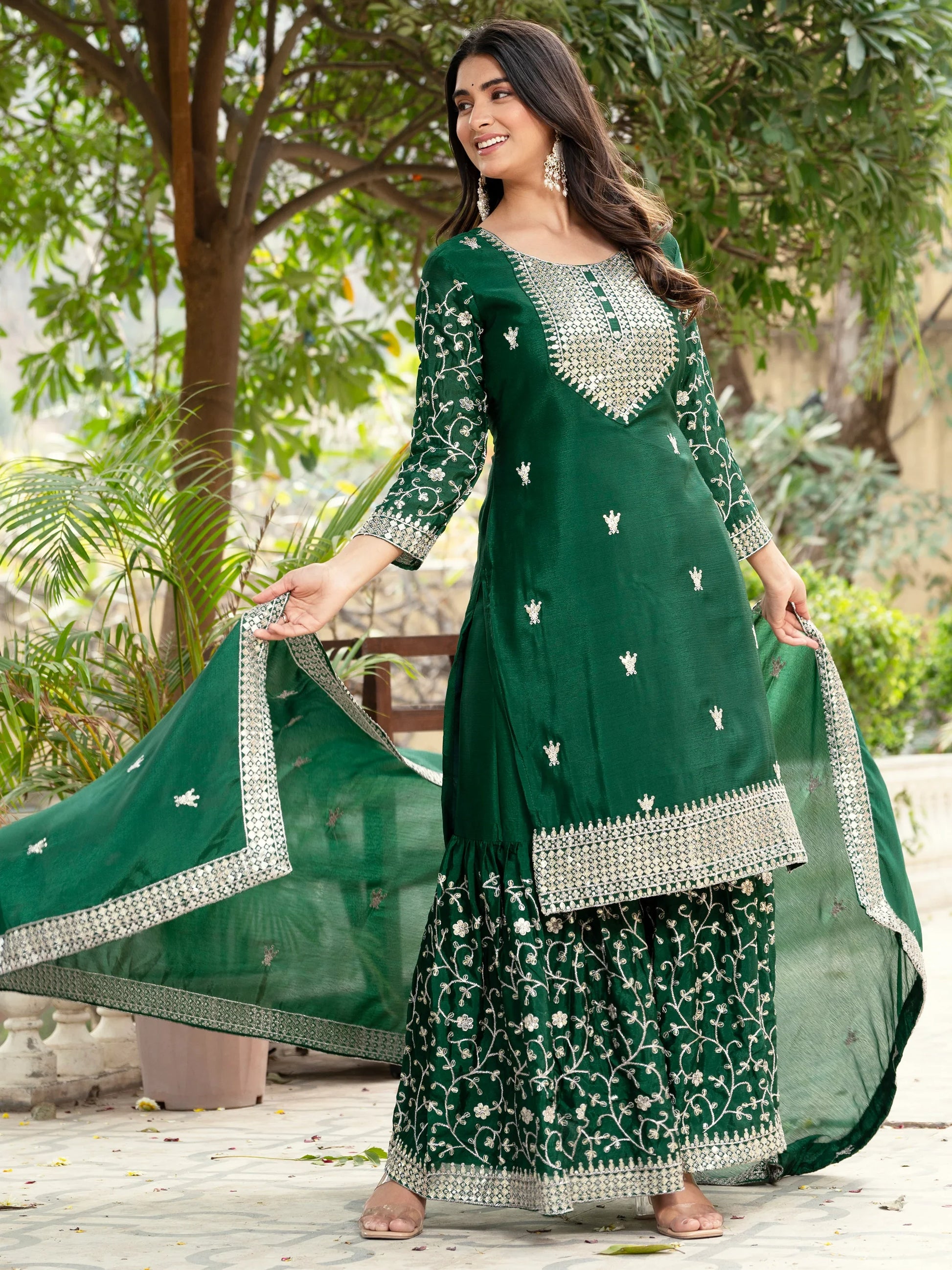Awesome Green Sequins Chinon Traditional Sharara Suit With Dupatta - Zeel Clothing