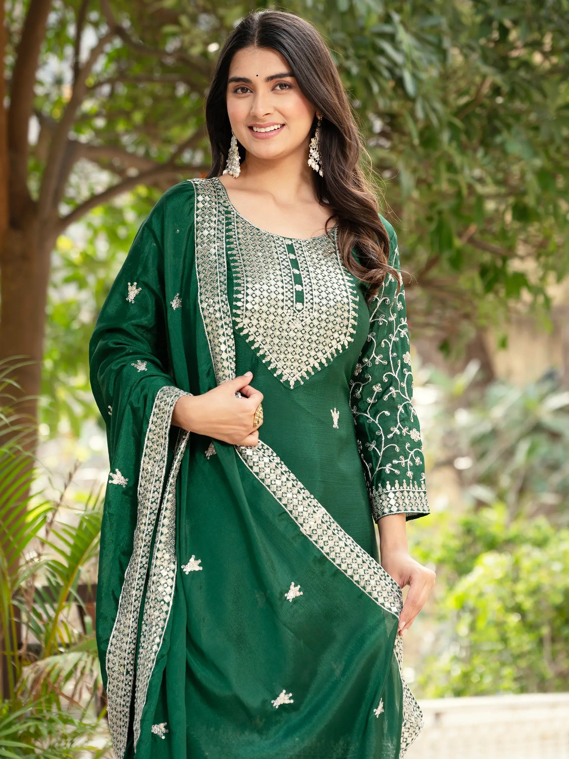 Awesome Green Sequins Chinon Traditional Sharara Suit With Dupatta - Zeel Clothing