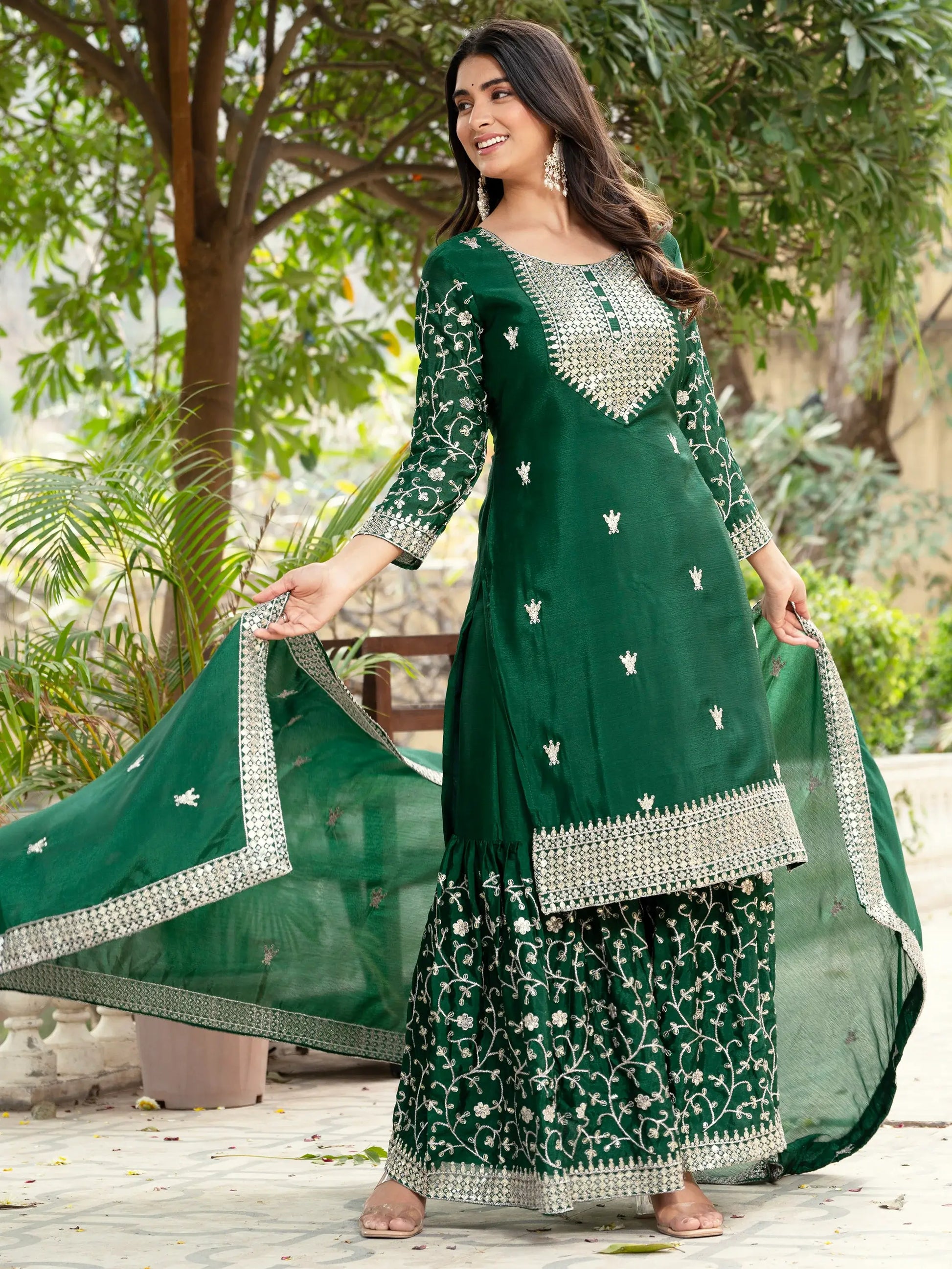 Awesome Green Sequins Chinon Traditional Sharara Suit With Dupatta - Zeel Clothing