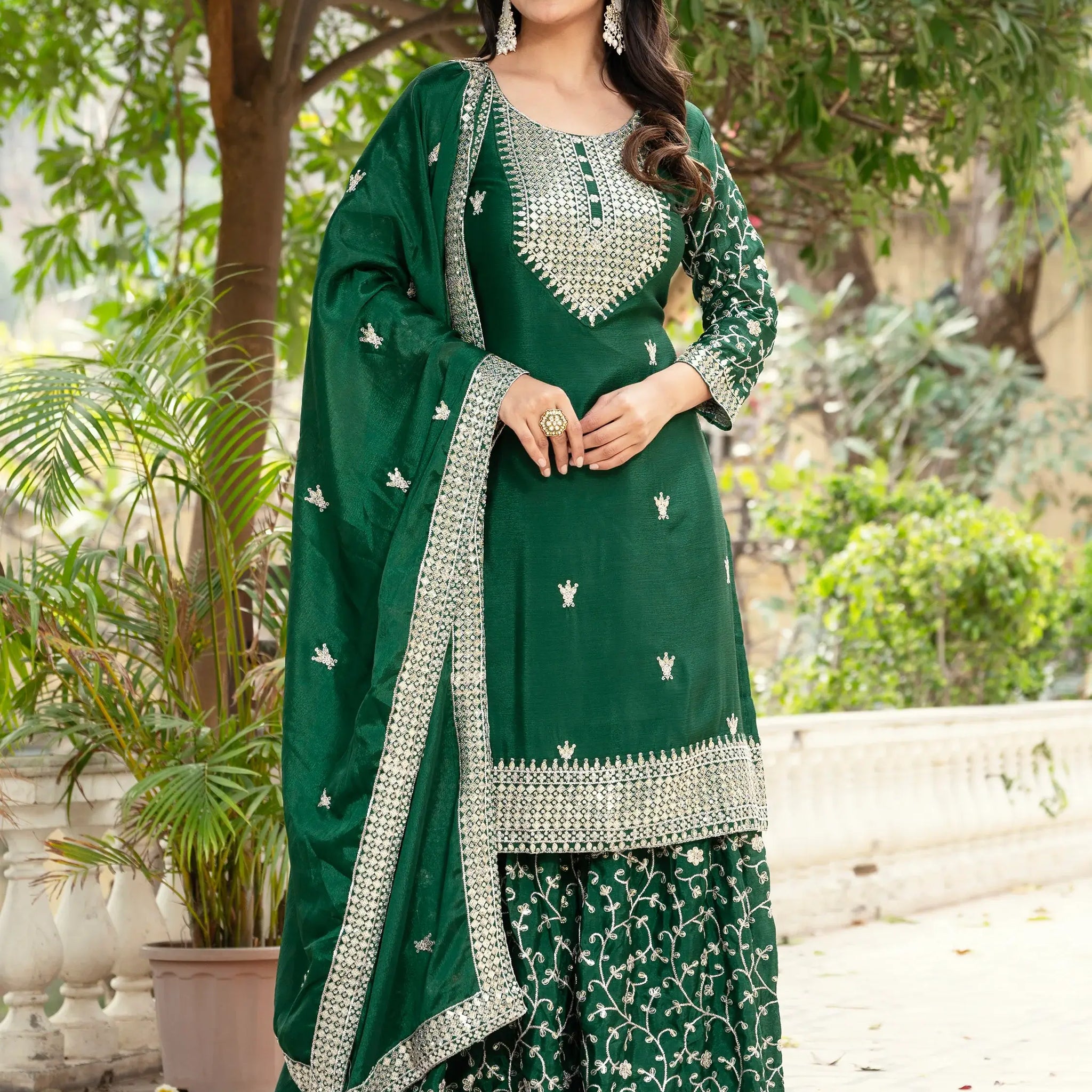 Awesome Green Sequins Chinon Traditional Sharara Suit With Dupatta - Zeel Clothing