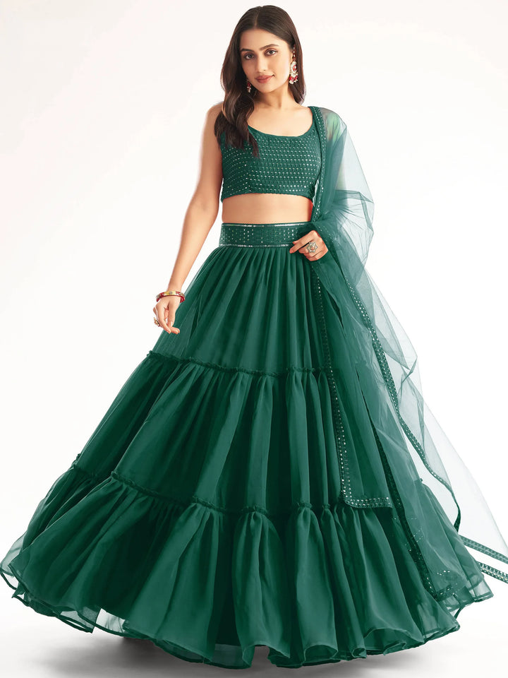 Awesome Green Sequins Georgette Party Wear Lehenga Choli With Dupatta - Zeel Clothing
