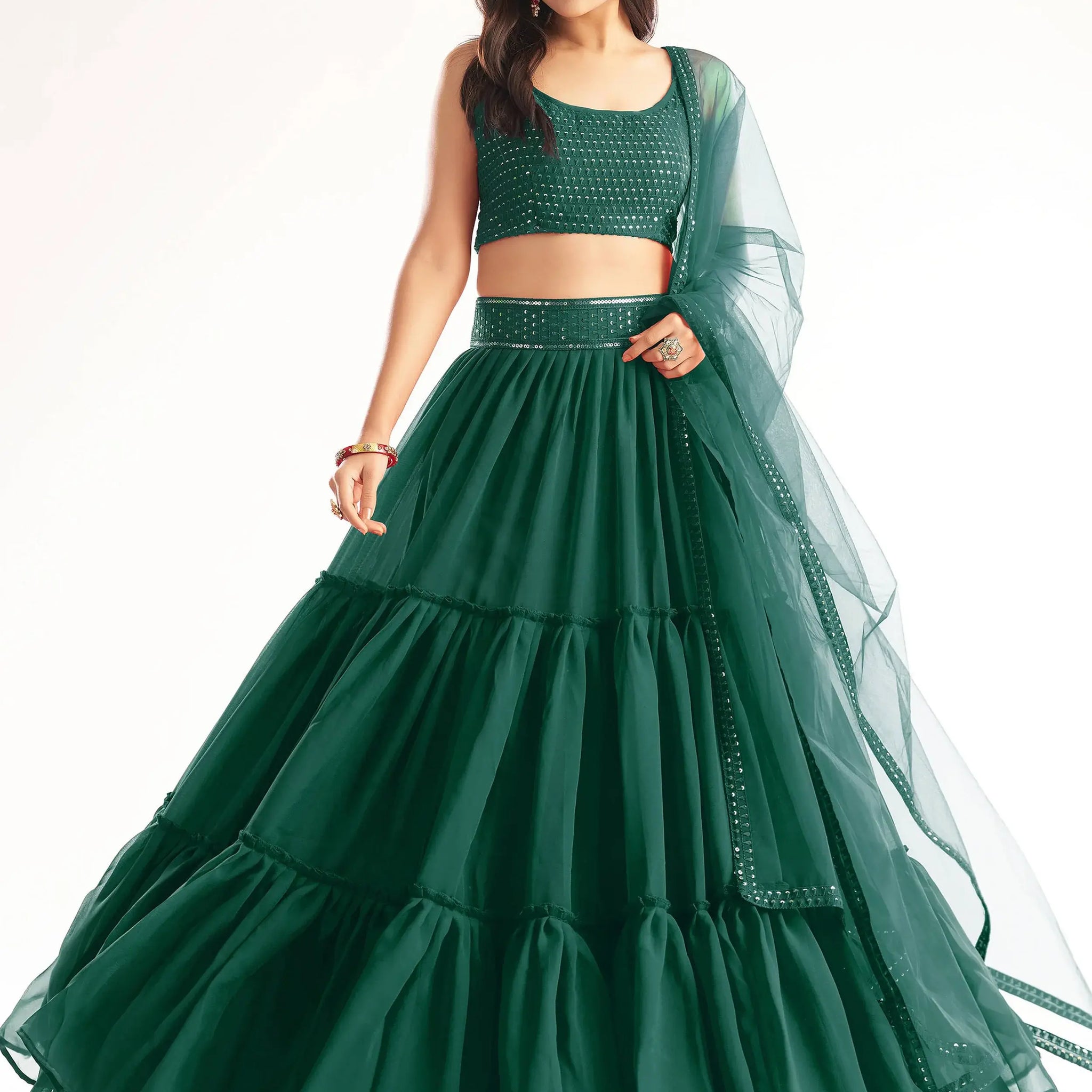 Awesome Green Sequins Georgette Party Wear Lehenga Choli With Dupatta - Zeel Clothing