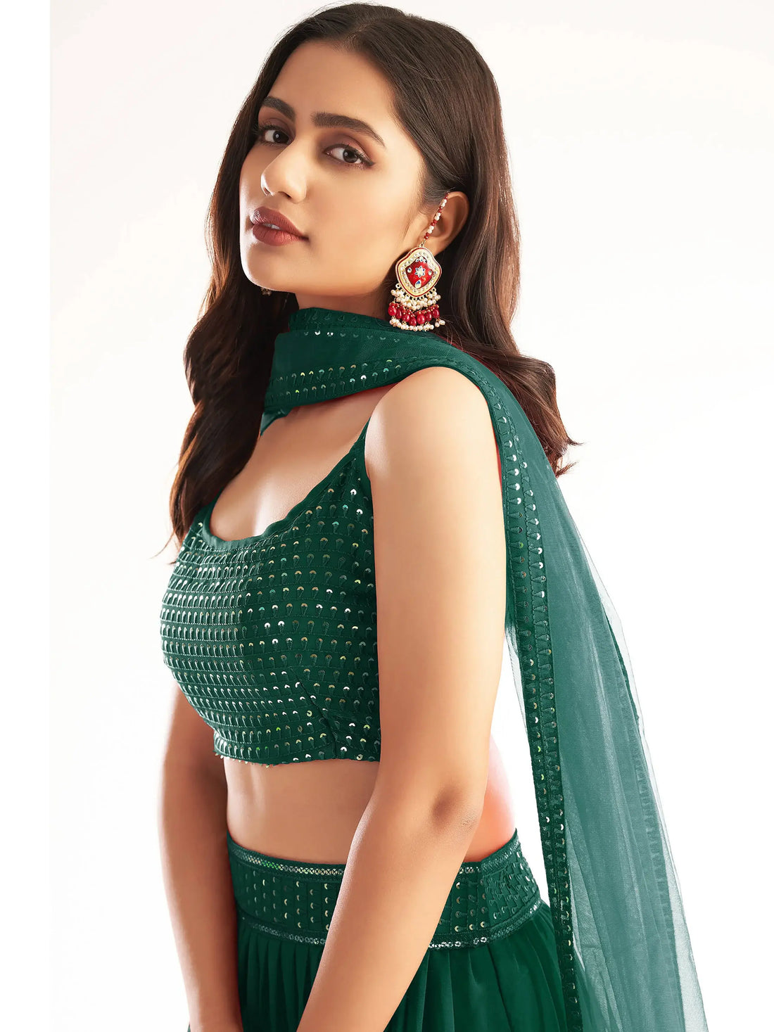 Awesome Green Sequins Georgette Party Wear Lehenga Choli With Dupatta - Zeel Clothing