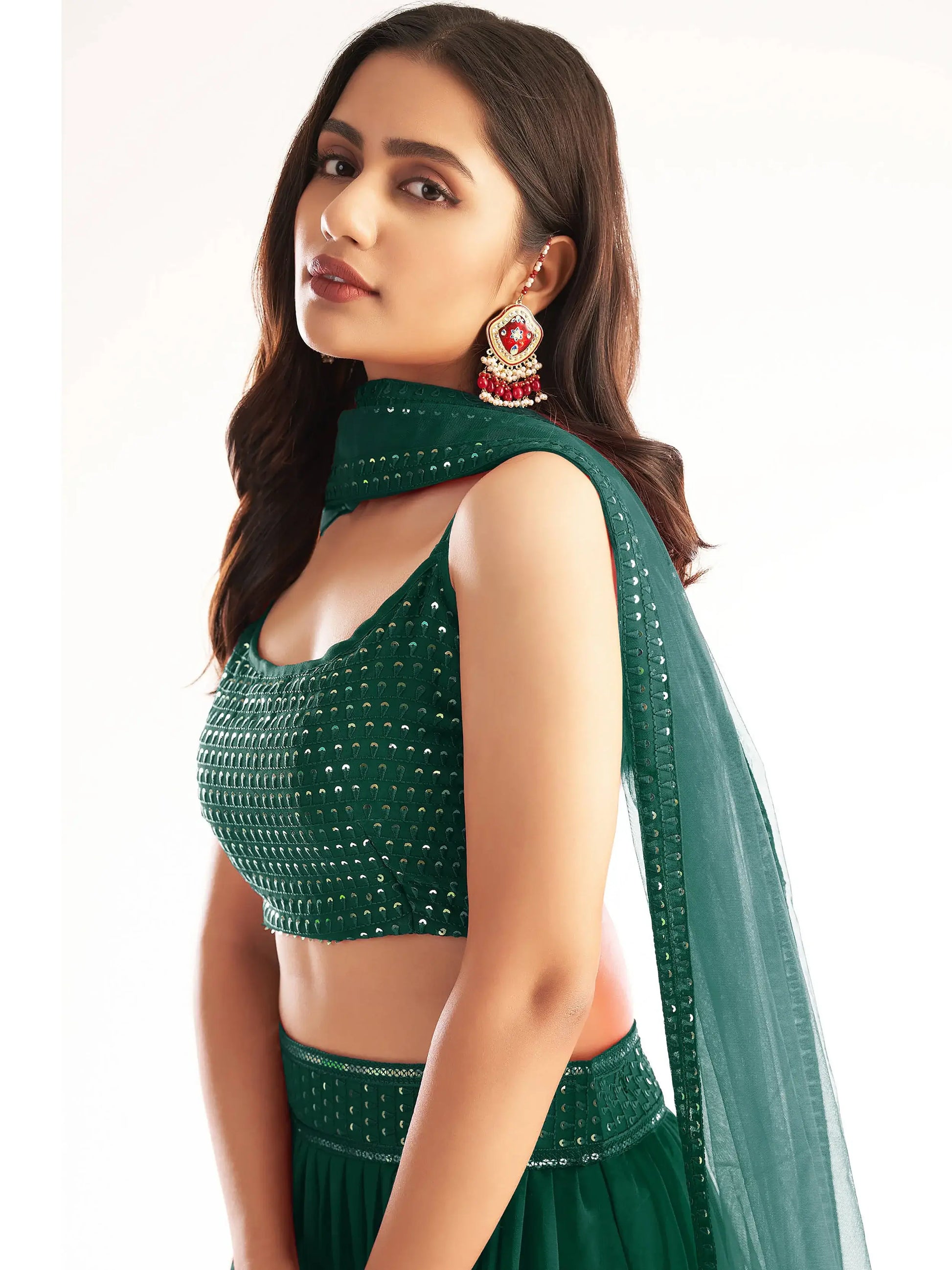 Awesome Green Sequins Georgette Party Wear Lehenga Choli With Dupatta - Zeel Clothing
