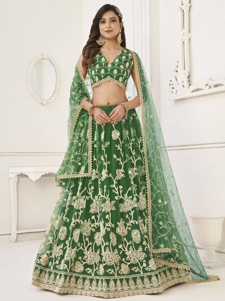 Awesome Green Sequins Net Mehendi Wear Lehenga Choli With Dupatta