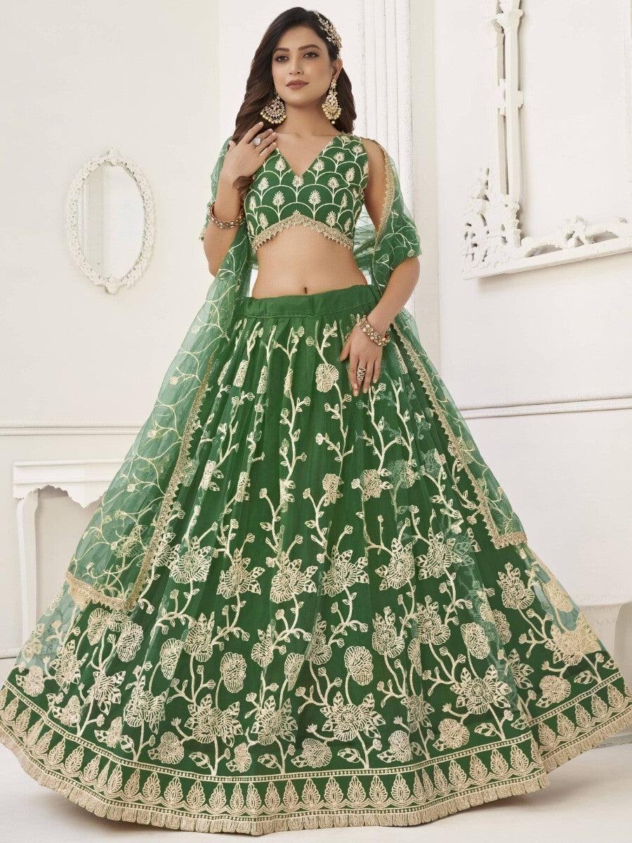 Awesome Green Sequins Net Mehendi Wear Lehenga Choli With Dupatta