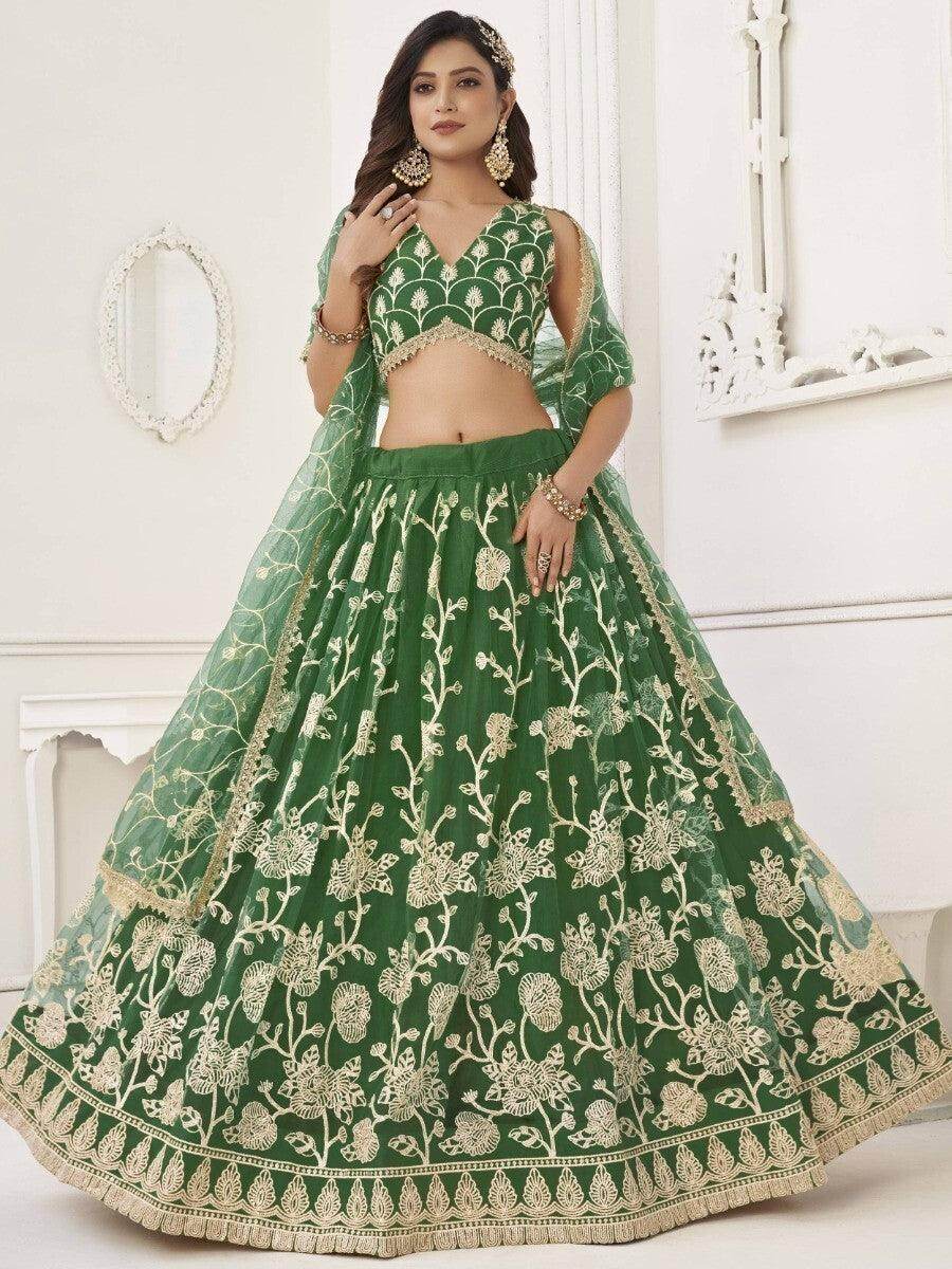 Awesome Green Sequins Net Mehendi Wear Lehenga Choli With Dupatta - Zeel Clothing