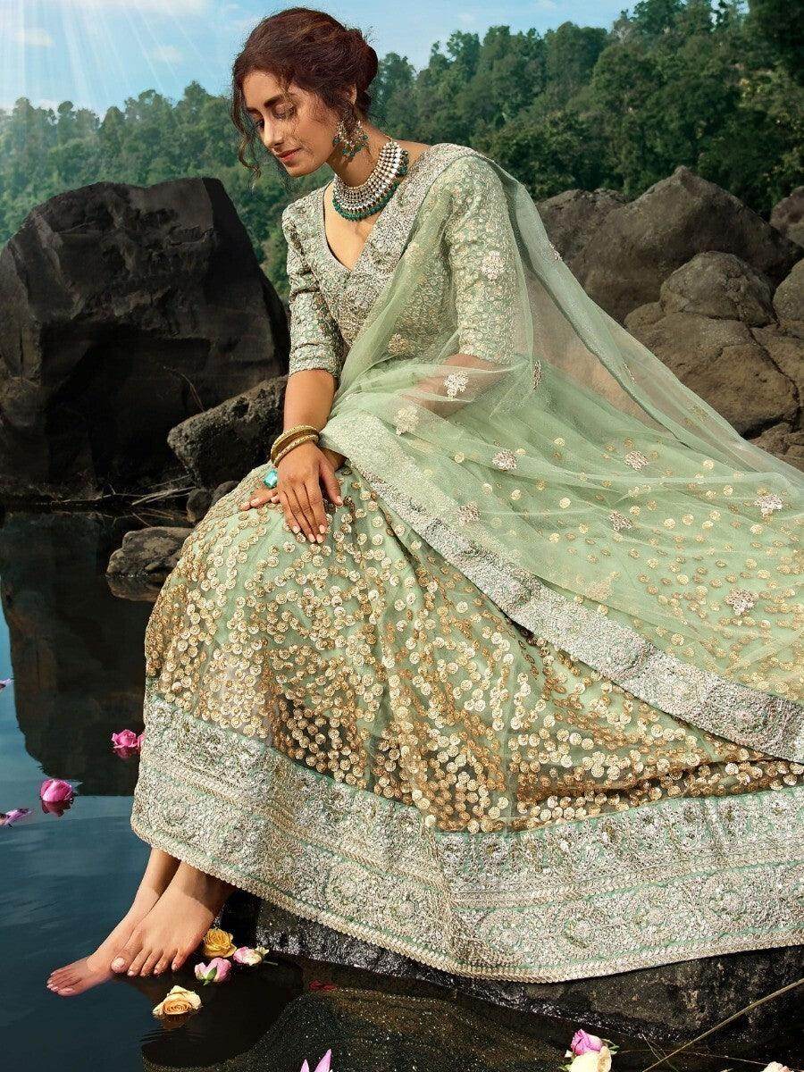 Awesome Green Sequins Net Reception Wear Lehenga Choli - Zeel Clothing