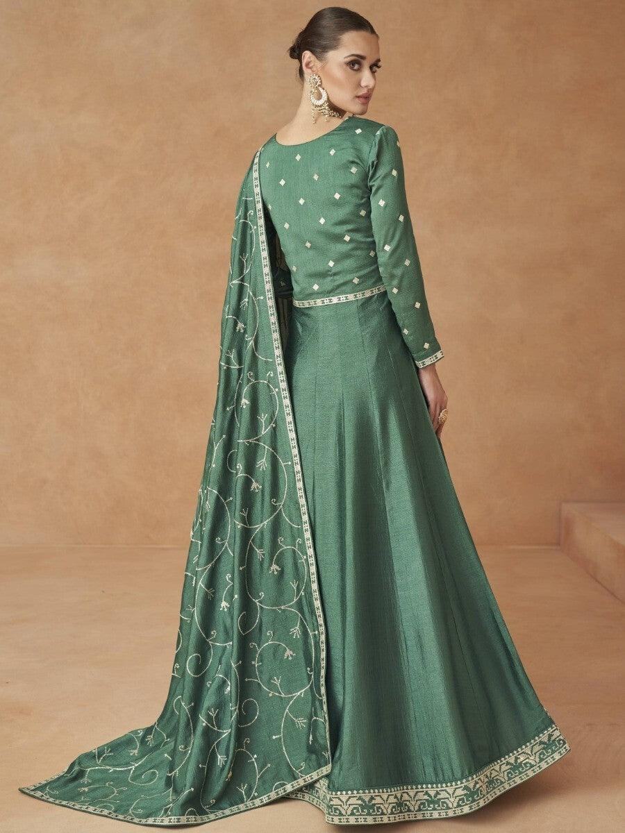 Awesome Green Sequins Silk Festive Wear Gown With Dupatta