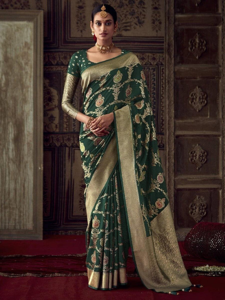 Awesome Green Zari Woven Georgette Traditional Saree With Blouse