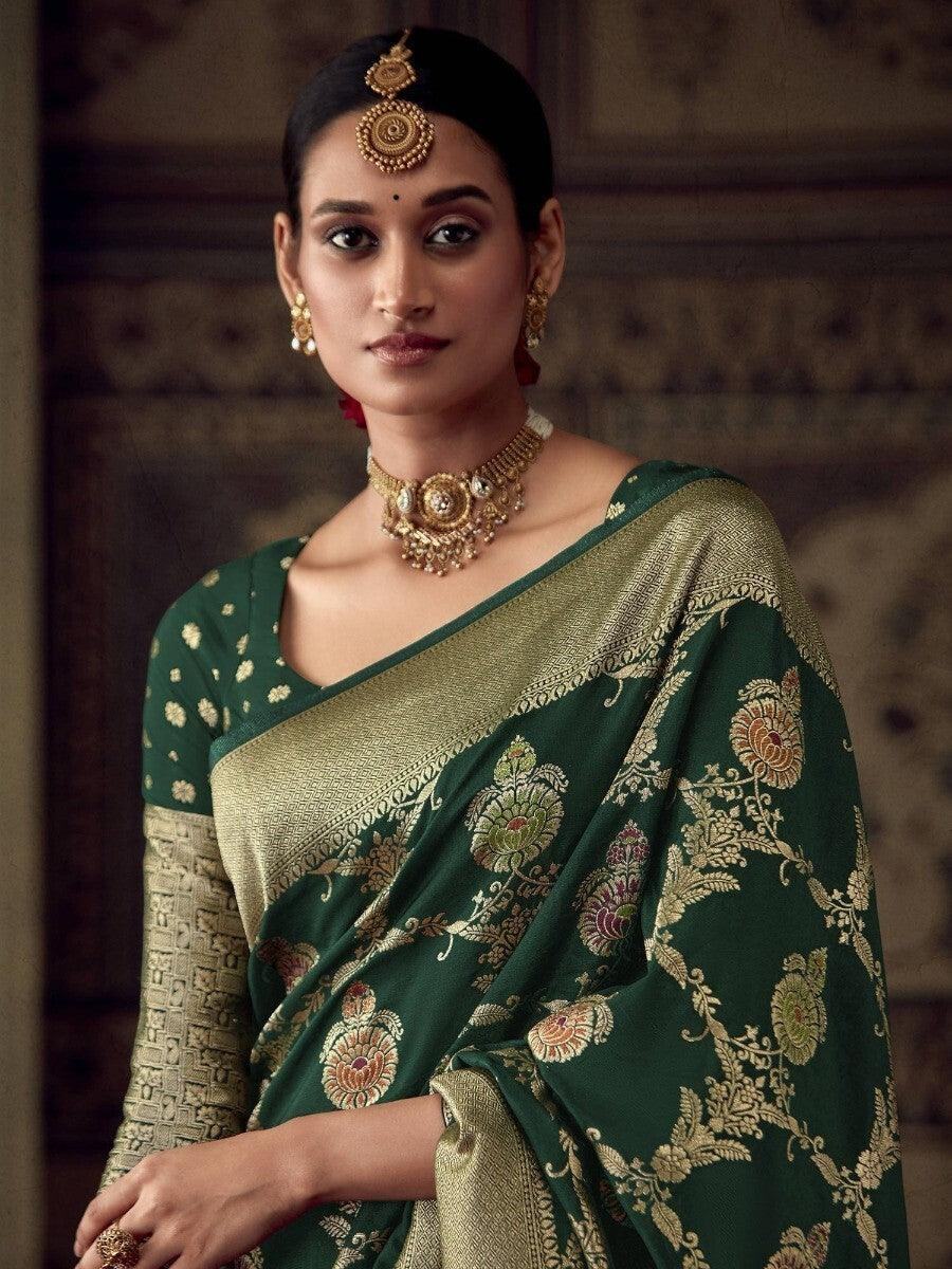 Awesome Green Zari Woven Georgette Traditional Saree With Blouse