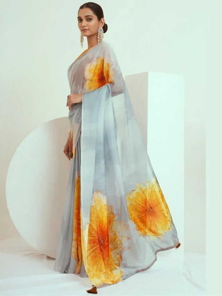 Awesome Grey & Orange Printed Georgette Saree With Blouse