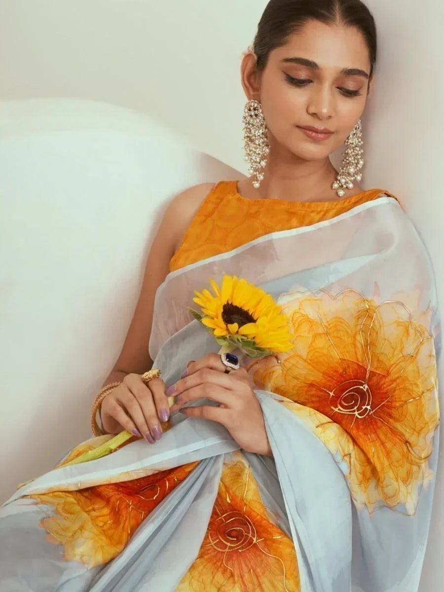 Awesome Grey & Orange Printed Georgette Saree With Blouse