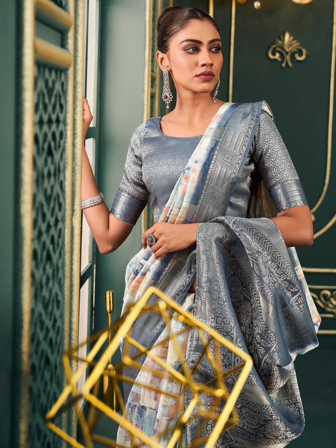 Awesome Grey Digital Printed Cotton Event Wear Saree With Blouse