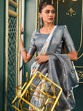 Awesome Grey Digital Printed Cotton Event Wear Saree With Blouse