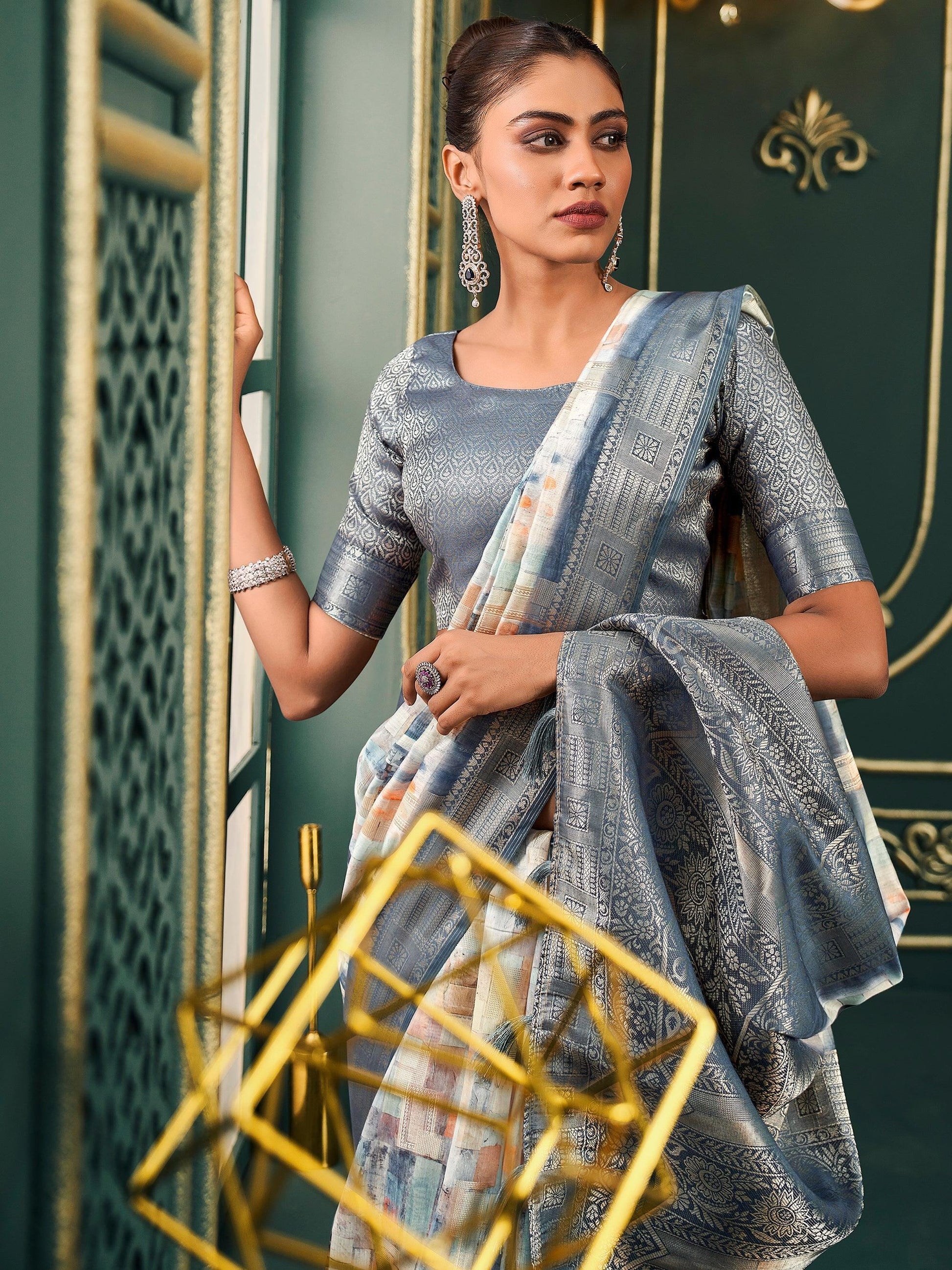 Awesome Grey Digital Printed Cotton Event Wear Saree With Blouse