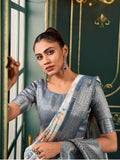 Awesome Grey Digital Printed Cotton Event Wear Saree With Blouse