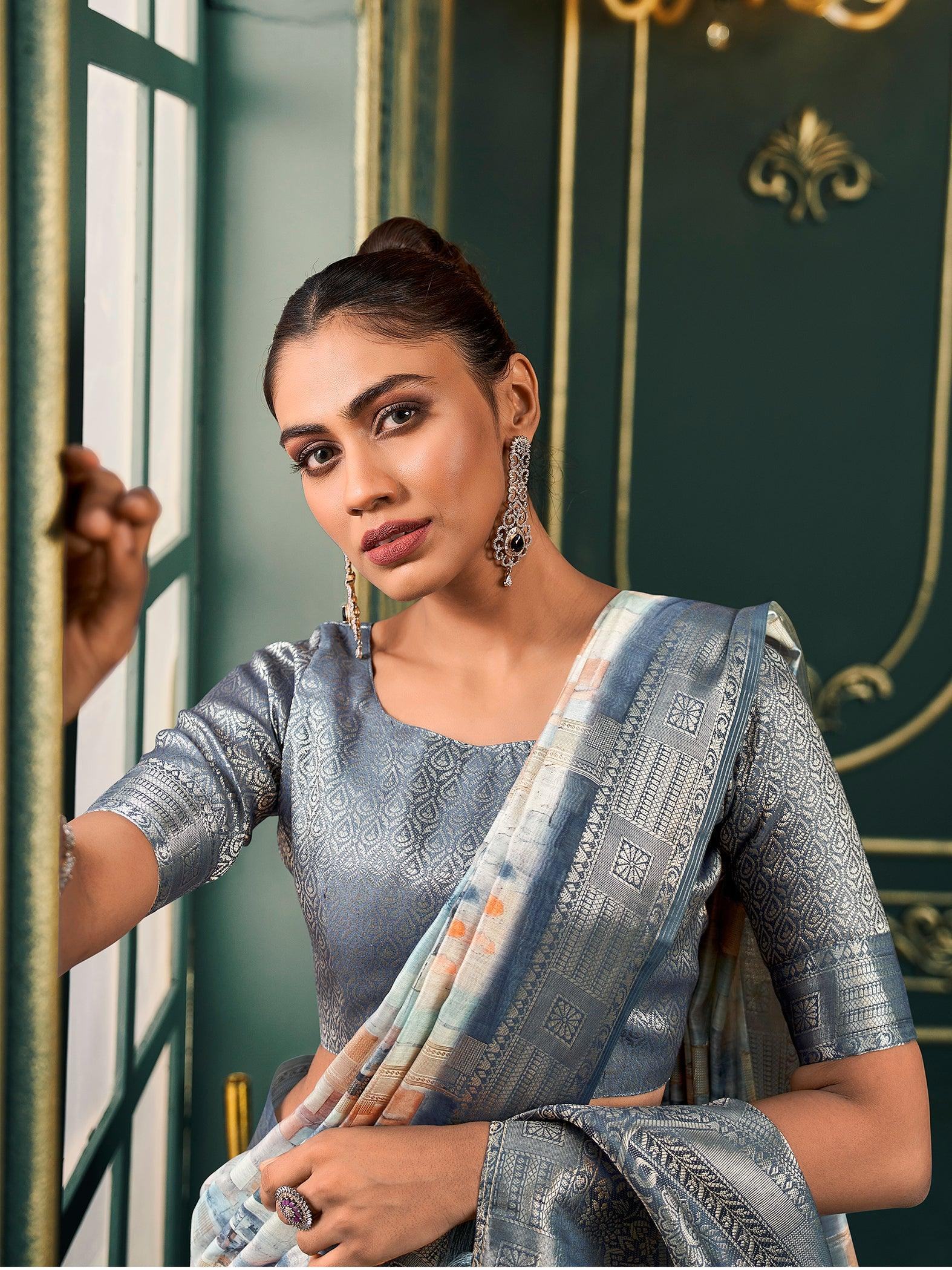 Awesome Grey Digital Printed Cotton Event Wear Saree With Blouse
