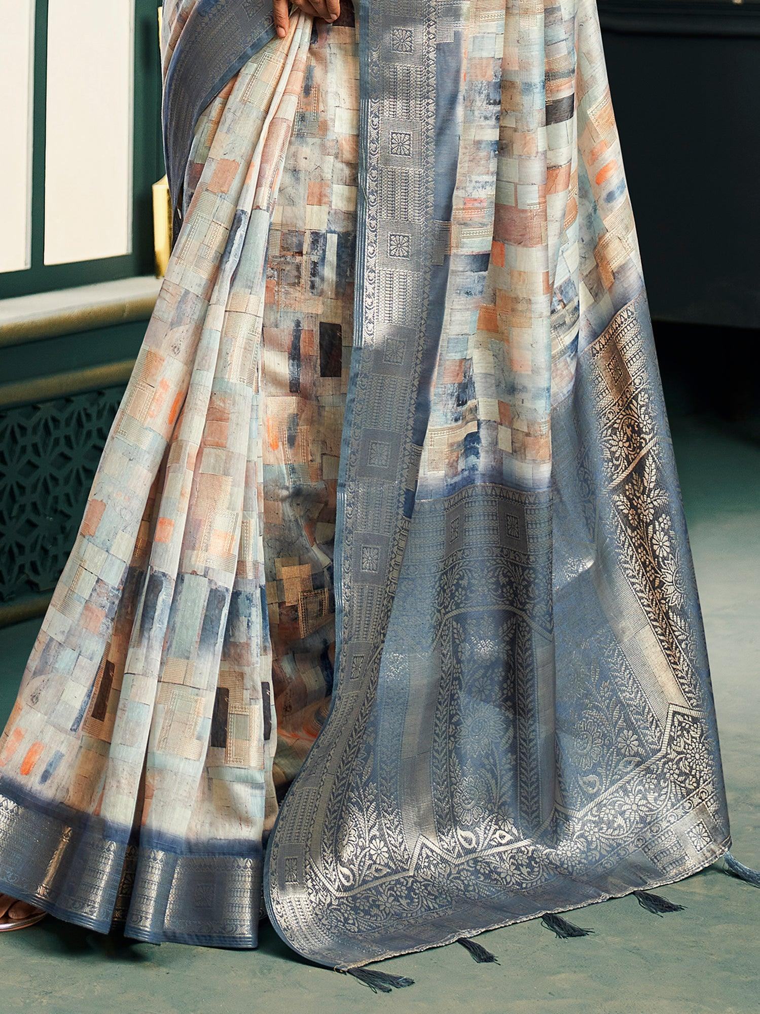 Awesome Grey Digital Printed Cotton Event Wear Saree With Blouse
