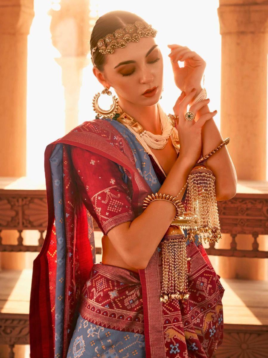 Awesome Grey Gold Printed Silk Wedding Wear Saree