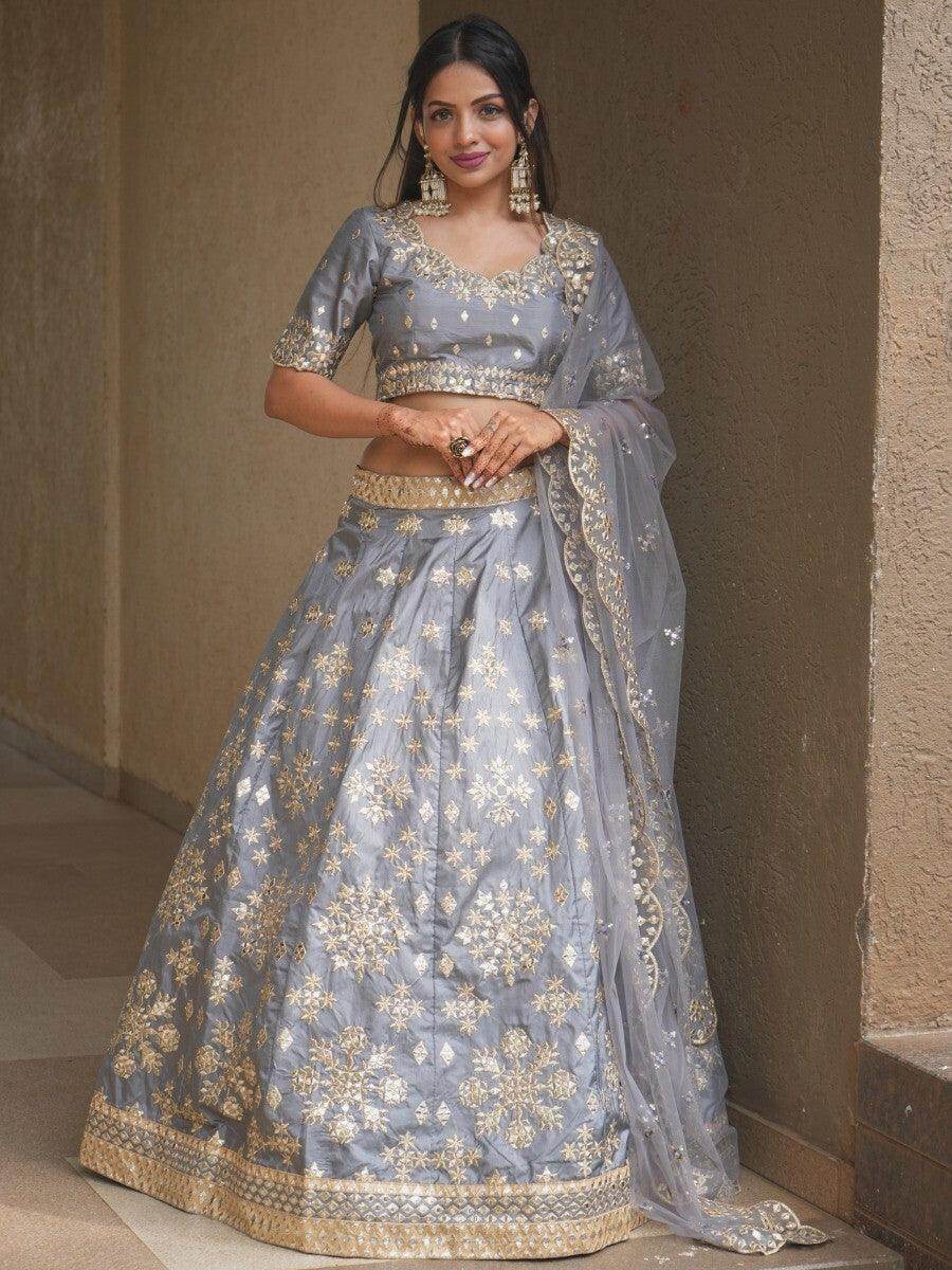 Awesome Grey Paper Mirror Work Silk Designer Lehenga Choli With Dupatta - Zeel Clothing