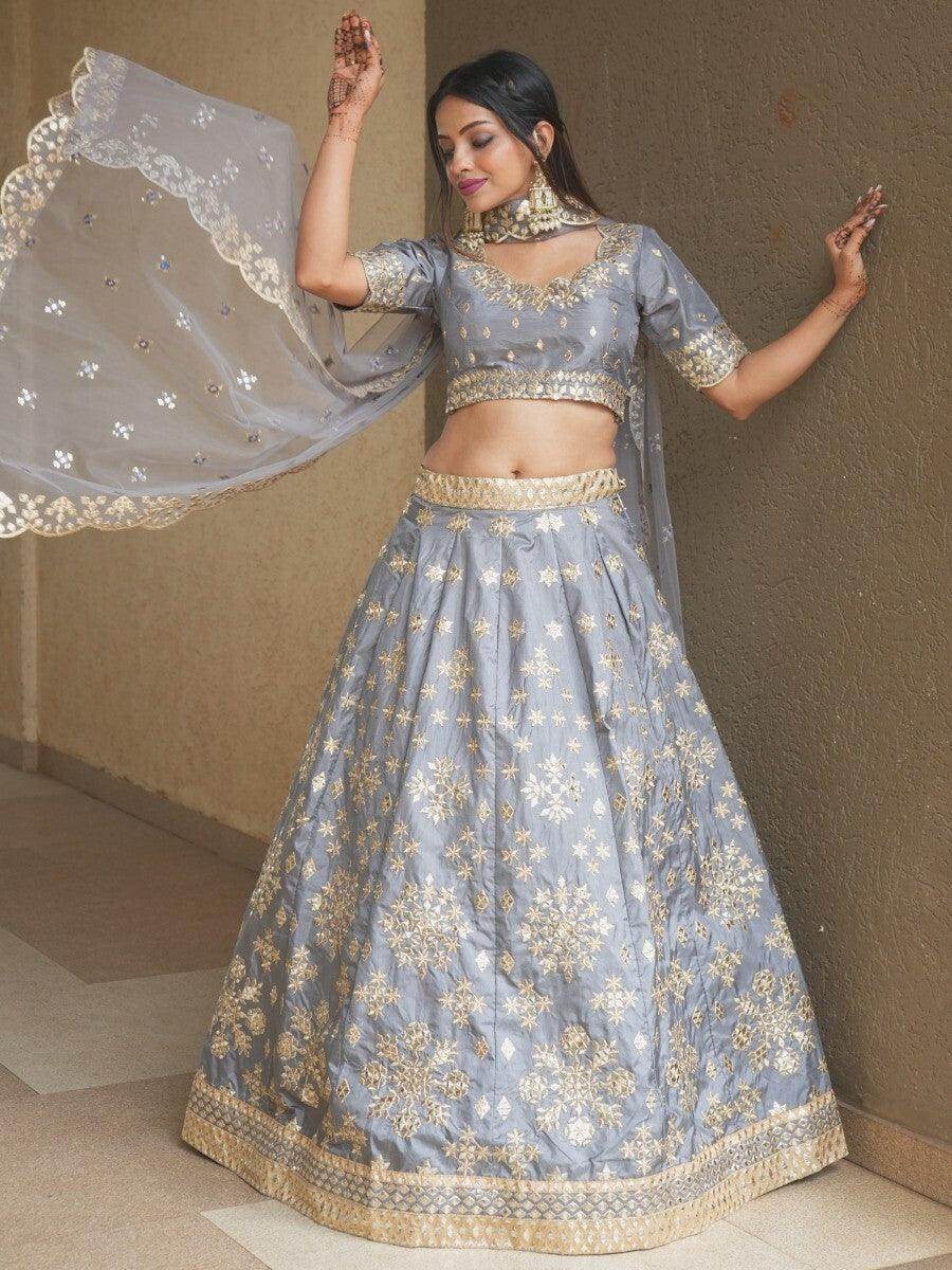 Awesome Grey Paper Mirror Work Silk Designer Lehenga Choli With Dupatta - Zeel Clothing