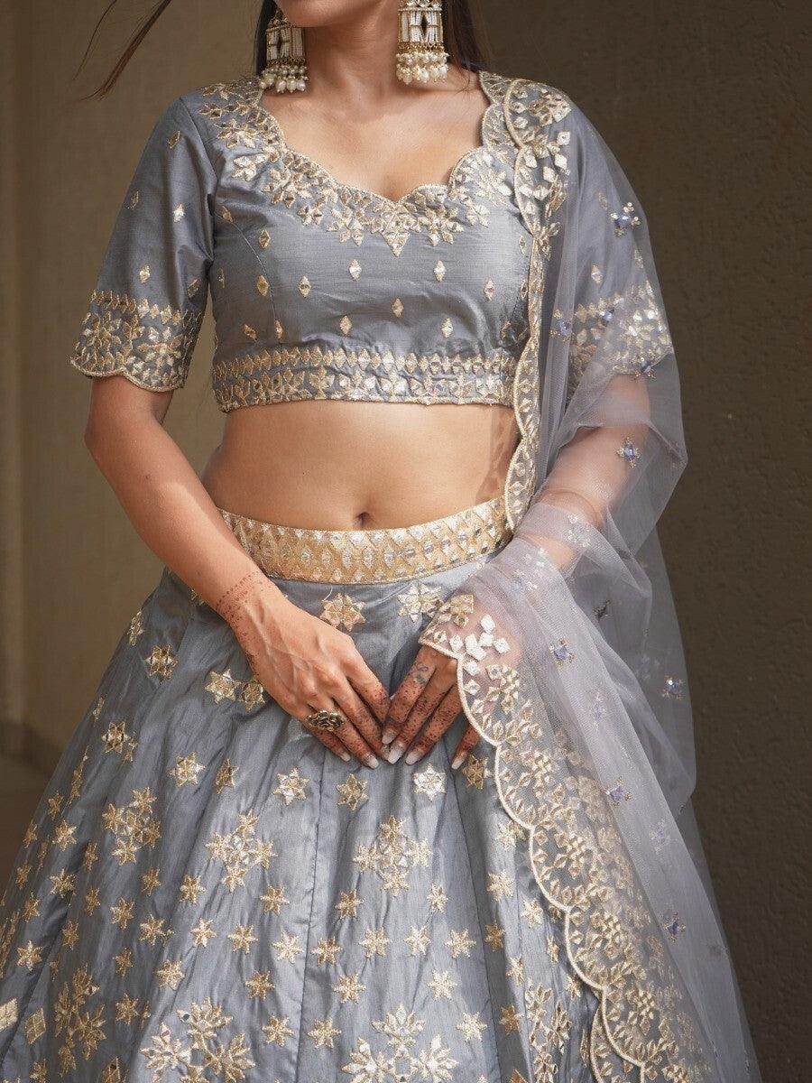 Awesome Grey Paper Mirror Work Silk Designer Lehenga Choli With Dupatta - Zeel Clothing