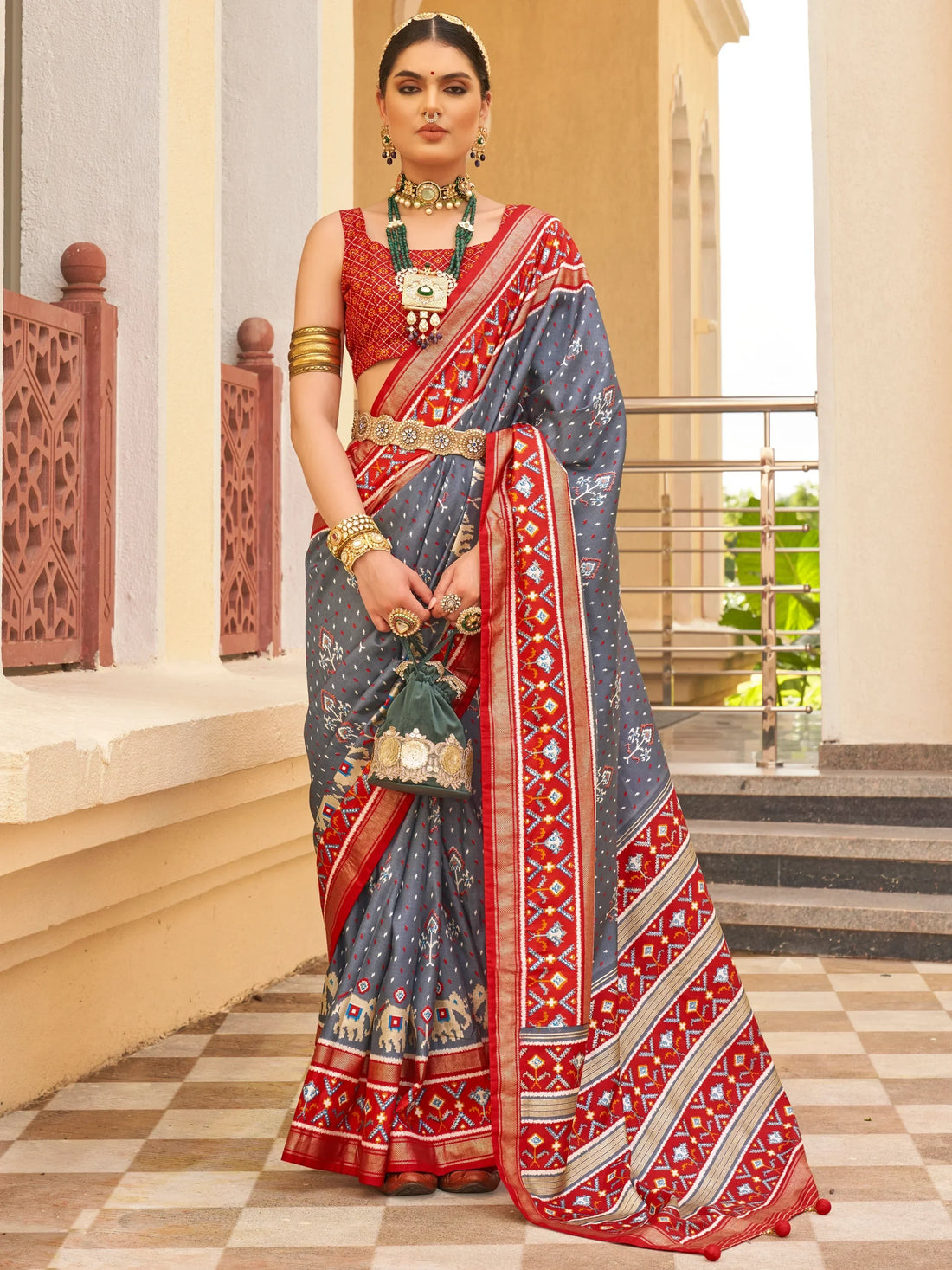 Awesome Grey Patola Print Silk Events Wear Saree With Blouse - Zeel Clothing