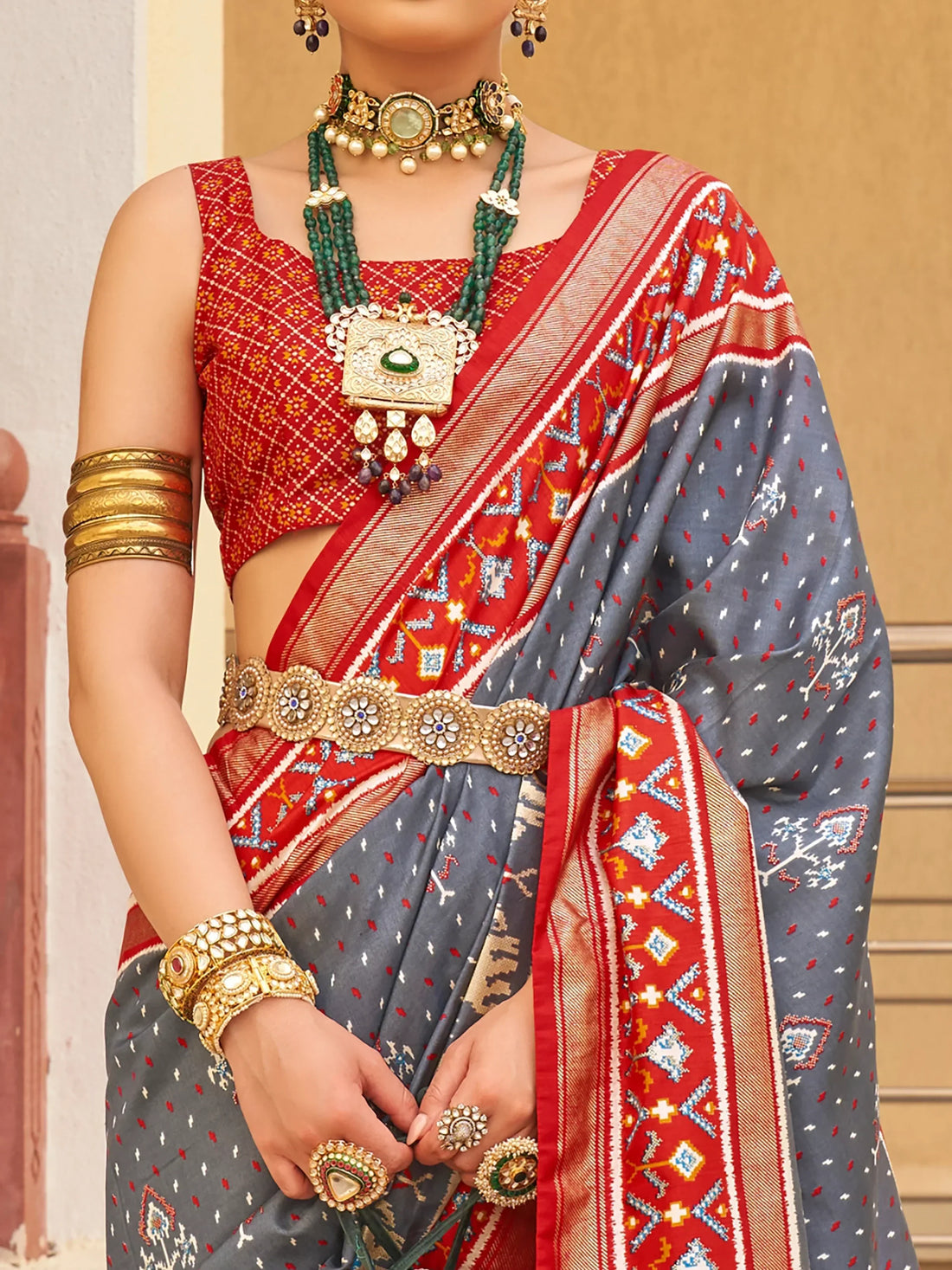 Awesome Grey Patola Print Silk Events Wear Saree With Blouse - Zeel Clothing